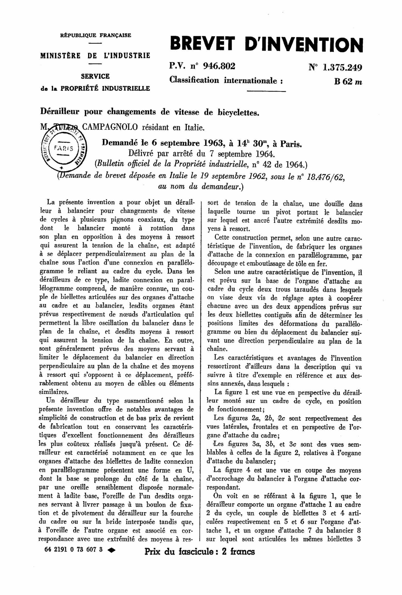 French Patent 1,375,249 - Campagnolo scan 1 main image