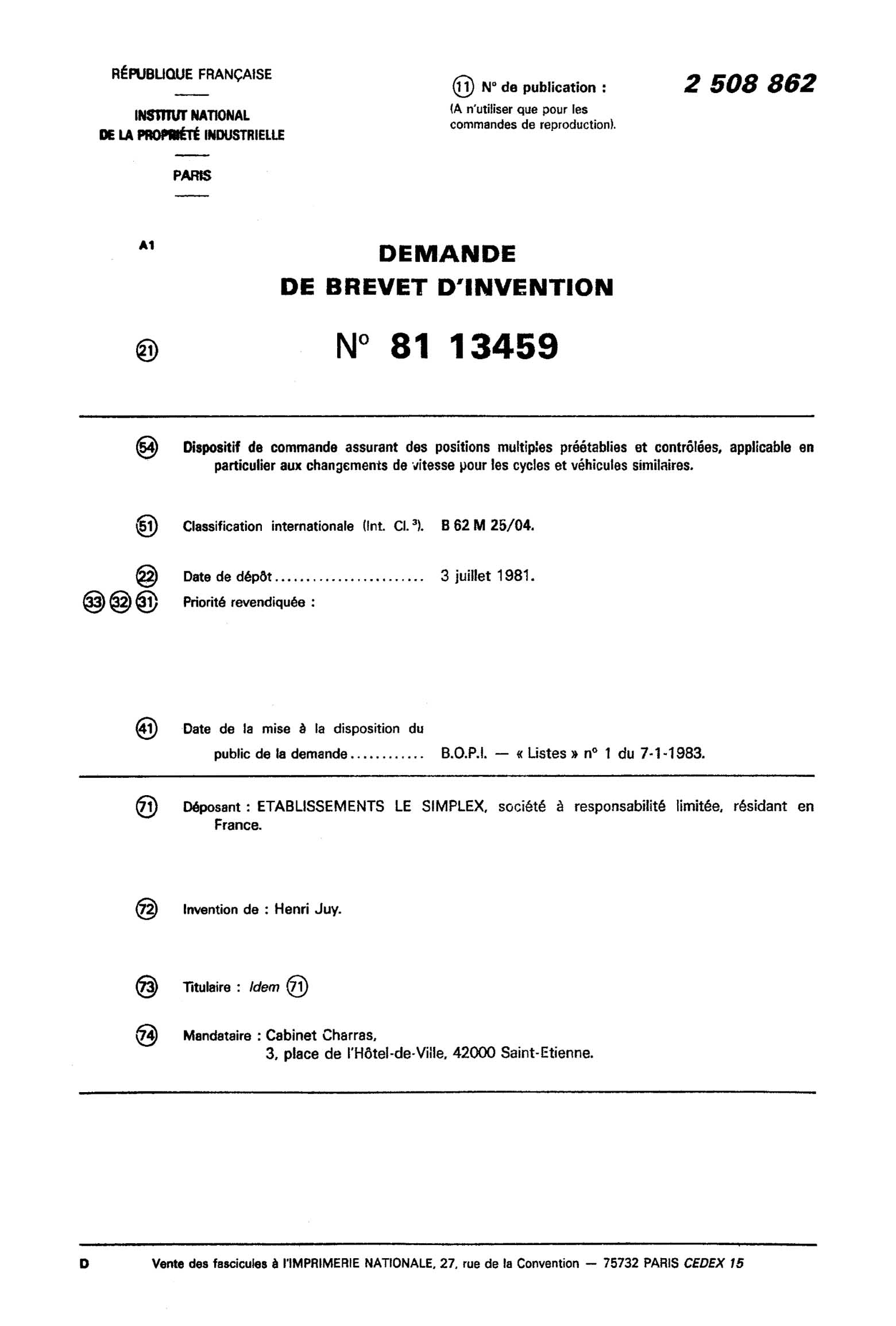 French Patent 2,508,862 - Simplex scan 001 main image