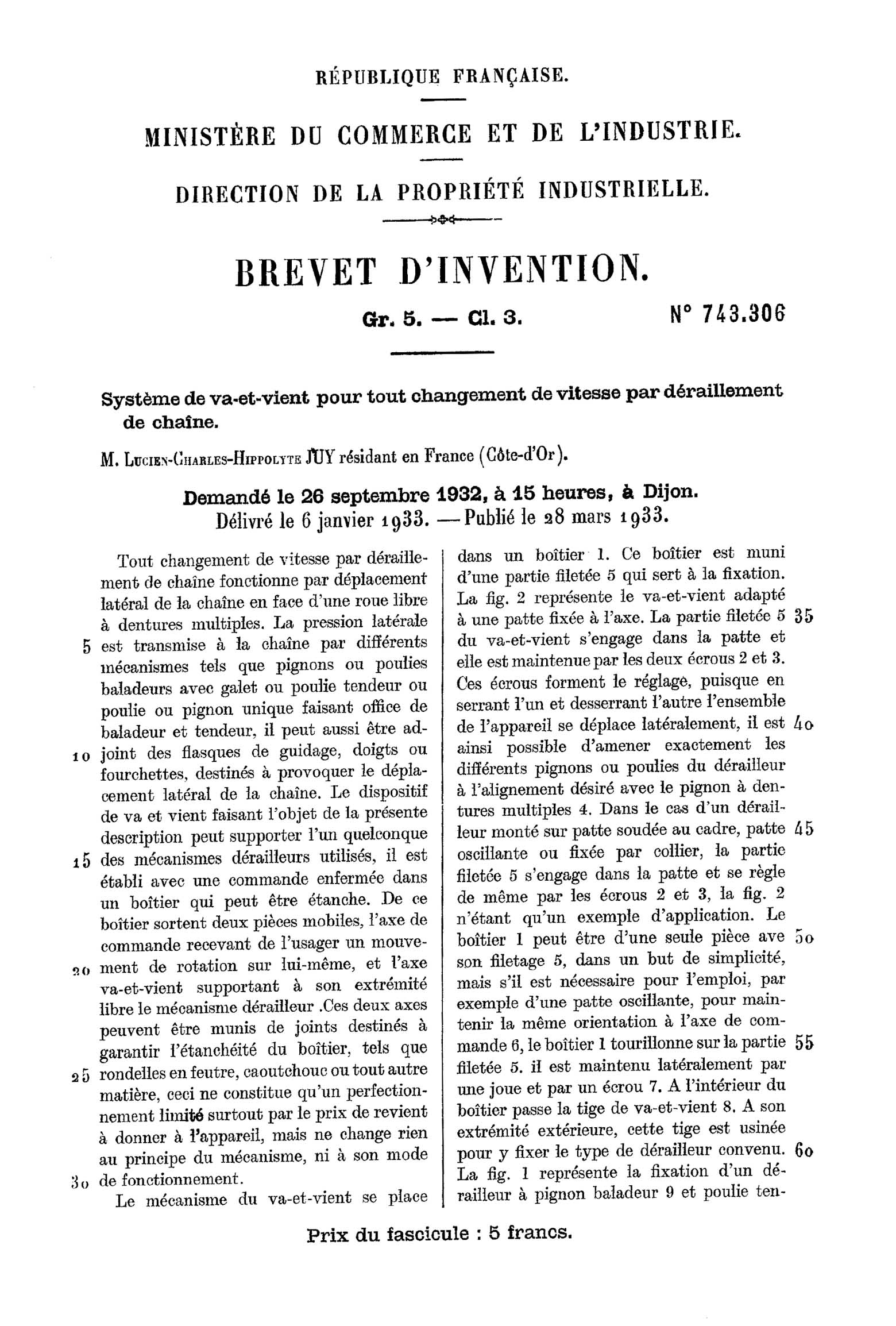 French Patent 743,306 - Simplex scan 001 main image