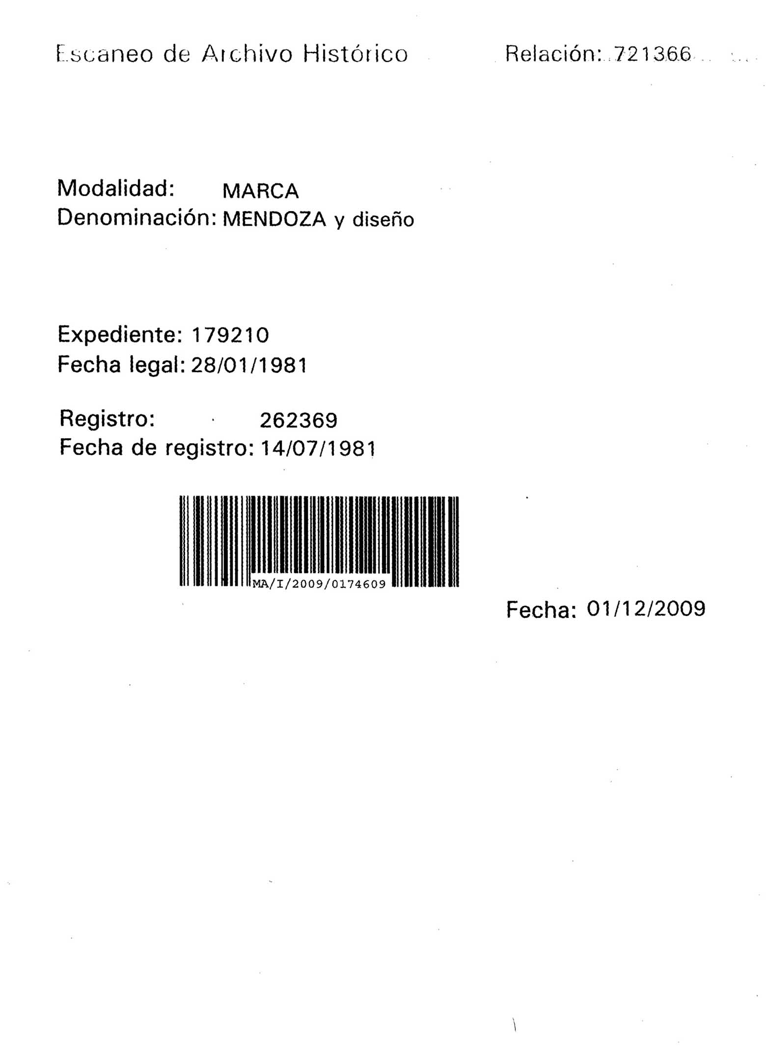 Mexican Trademark 262,369 - Mendoza scan 1 main image