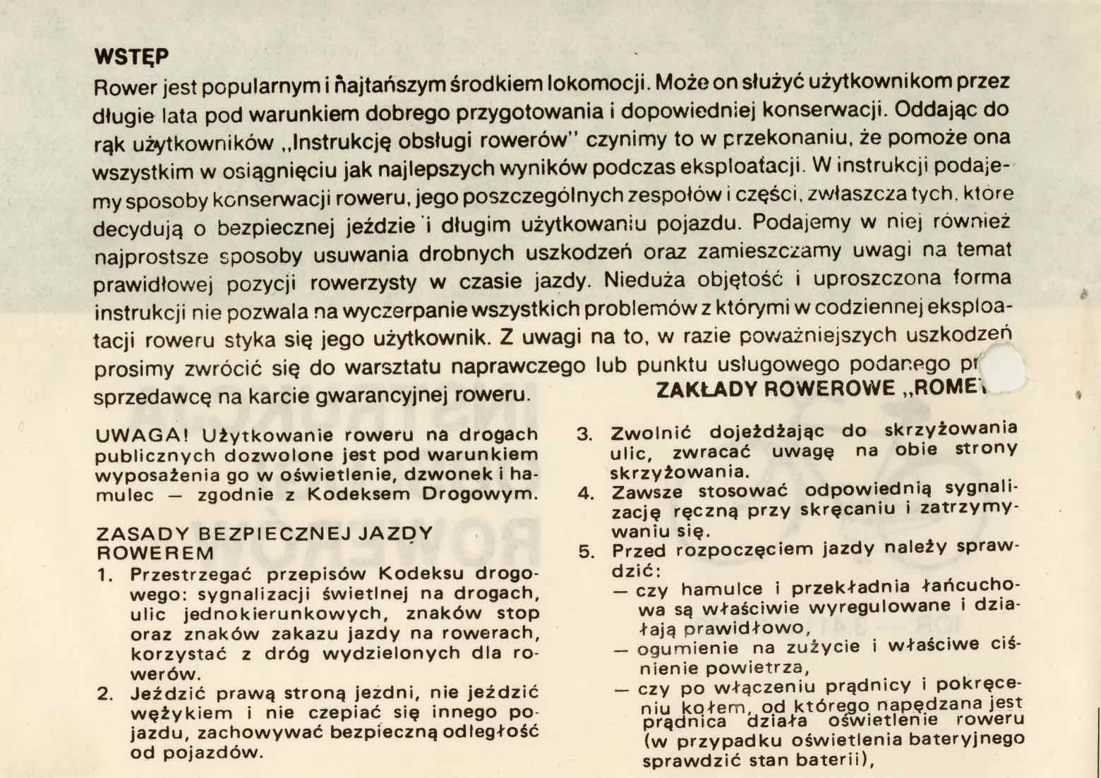 Romet - Instrukcja Obslugi Rowerow 1988 scan 2 main image
