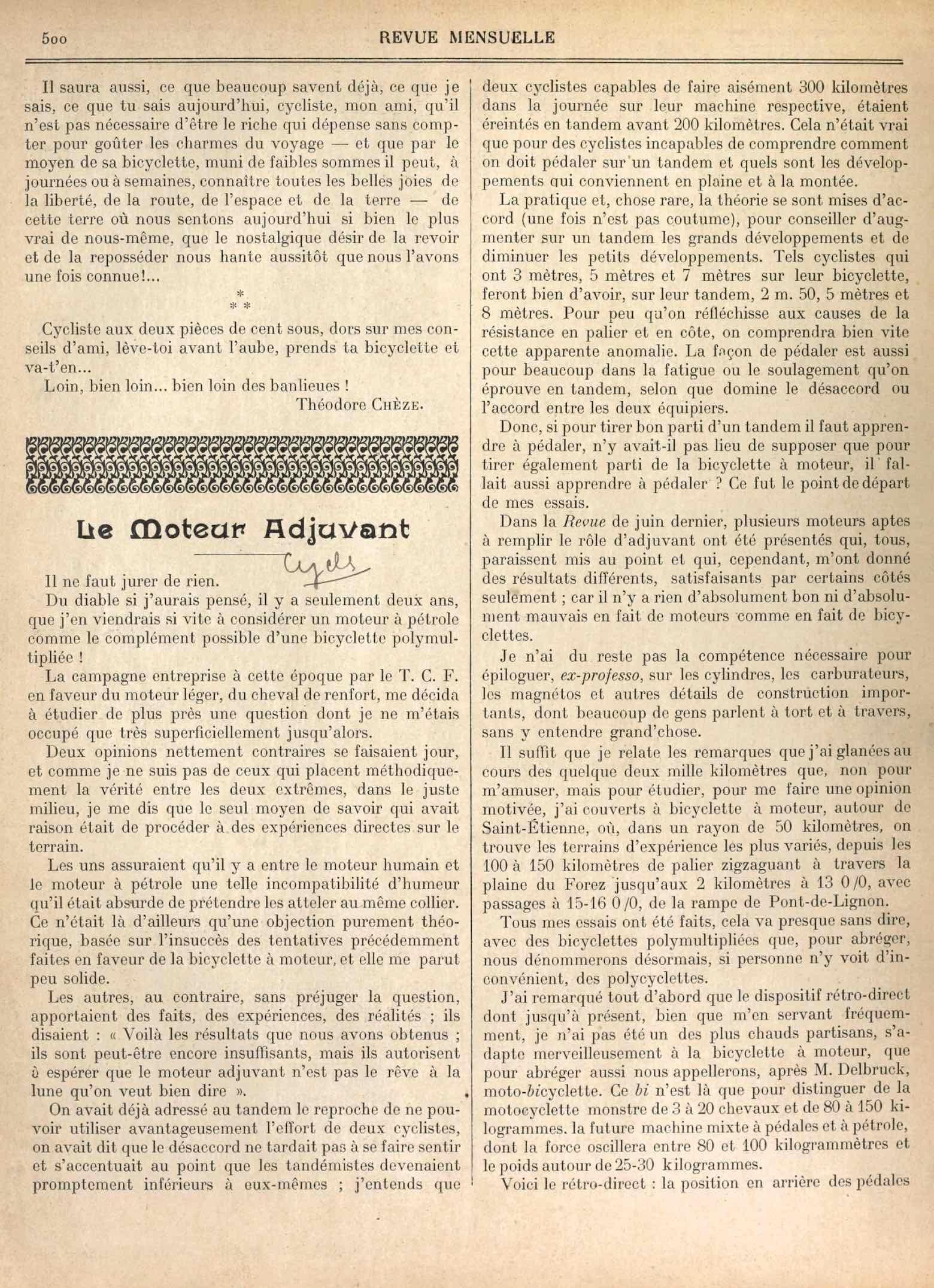 T.C.F. Revue Mensuelle November 1906 - Le Moteur Adjuvant scan 1 main image