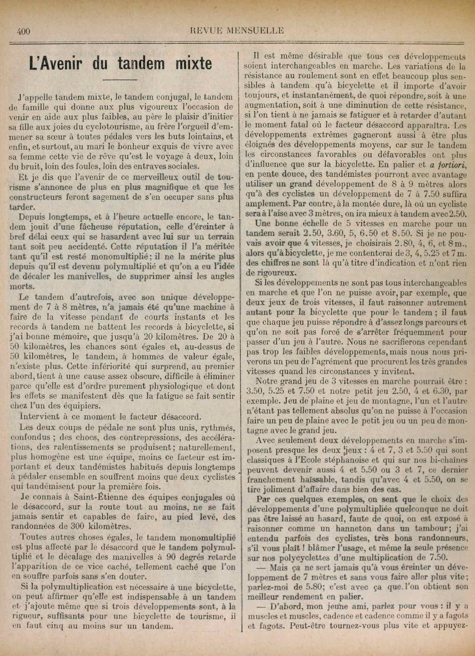 T.C.F. Revue Mensuelle September 1910 - L Avenir du tandem mixte (part I) scan 1 main image