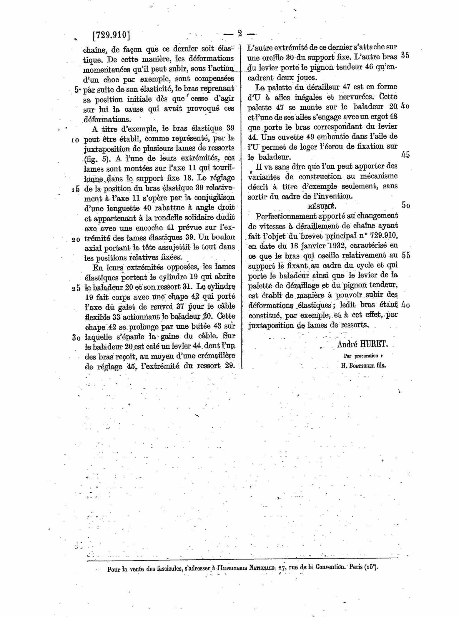 French Patent 729,910 addition 44,390 - Huret scan 2 main image