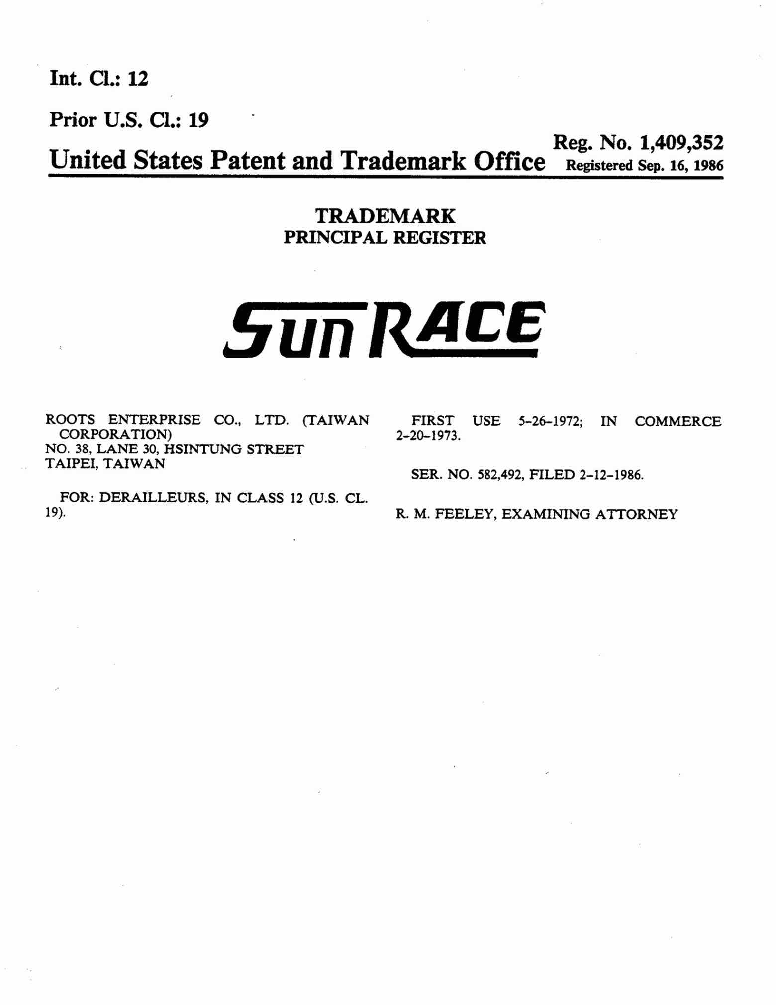 US Trademark 1,409,352 - SunRace main image