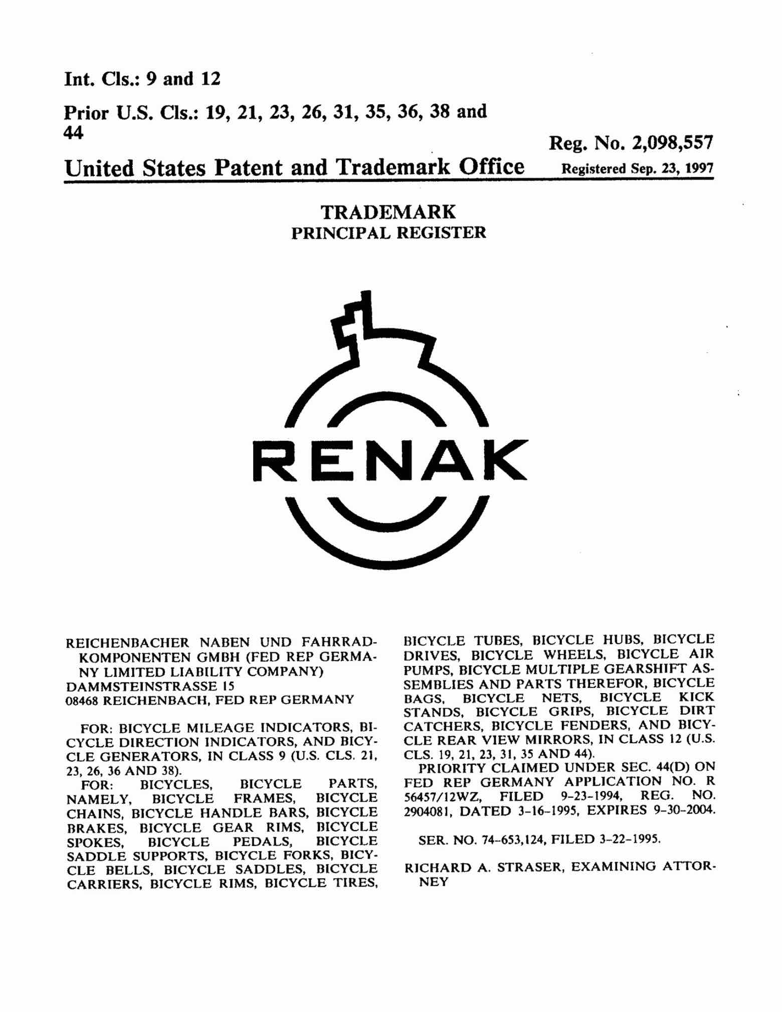 US Trademark 2,098,557 - Renak main image