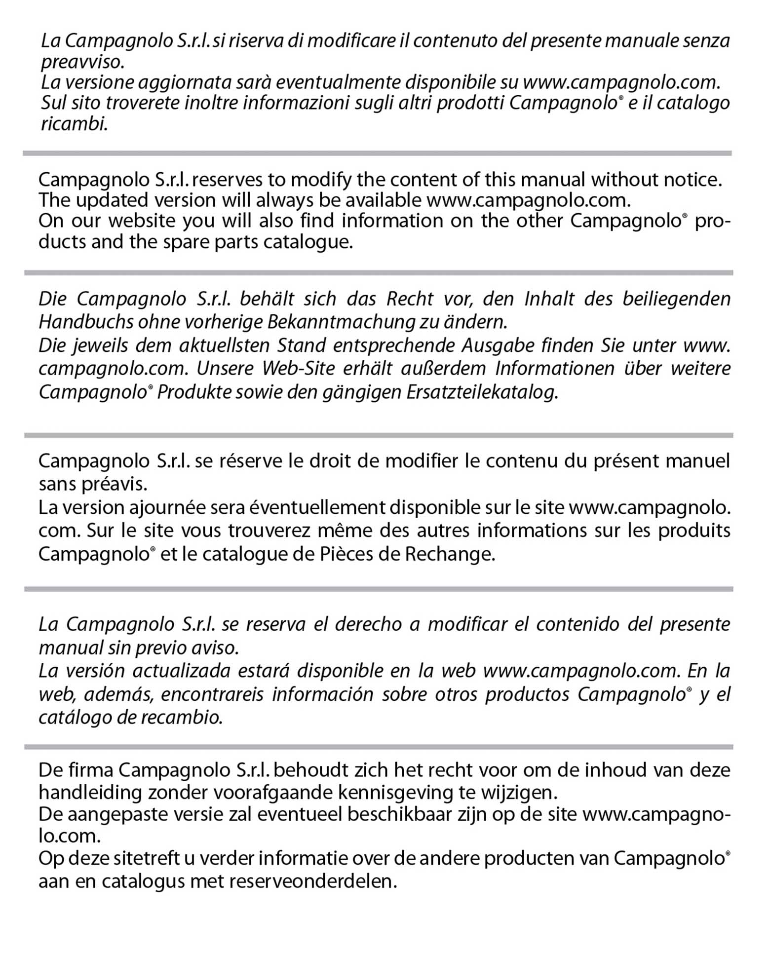 Campagnolo instructions - 7225475 Rear Derailleur ('12/2009') page 002 main image