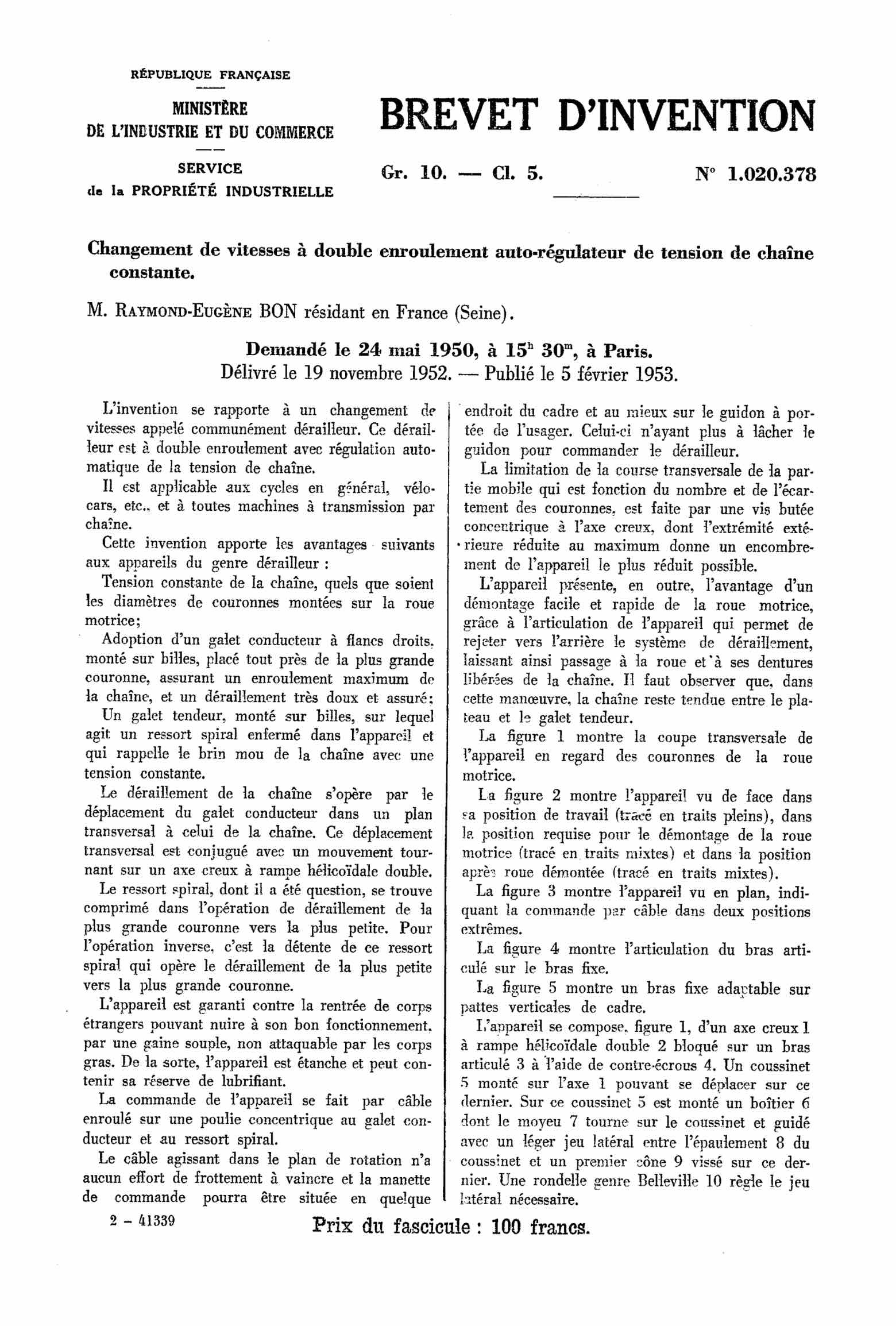French Patent 1,020,378 - Le Spirax scan 1 main image