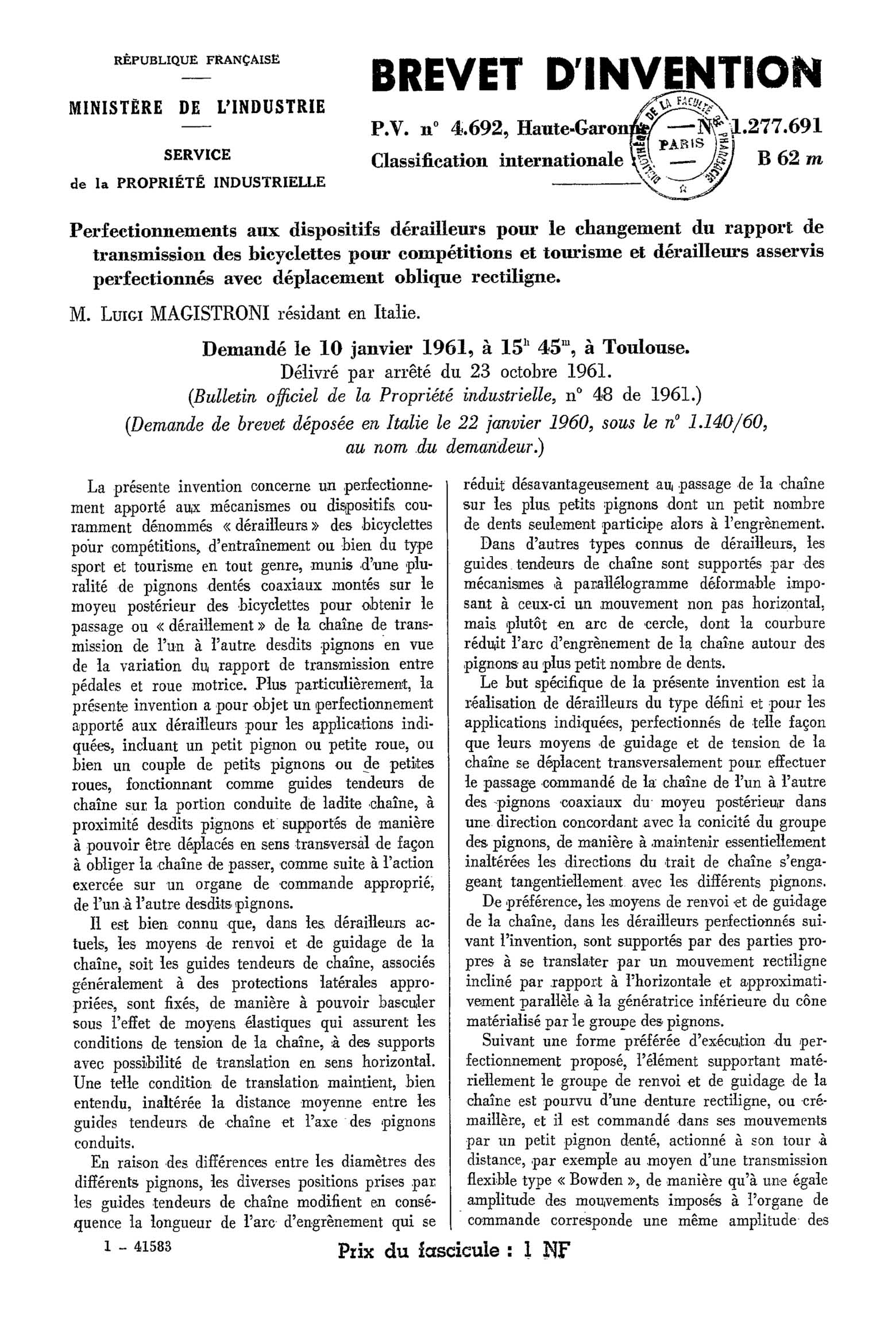 French Patent 1,277,691 - Magistroni scan 01 main image
