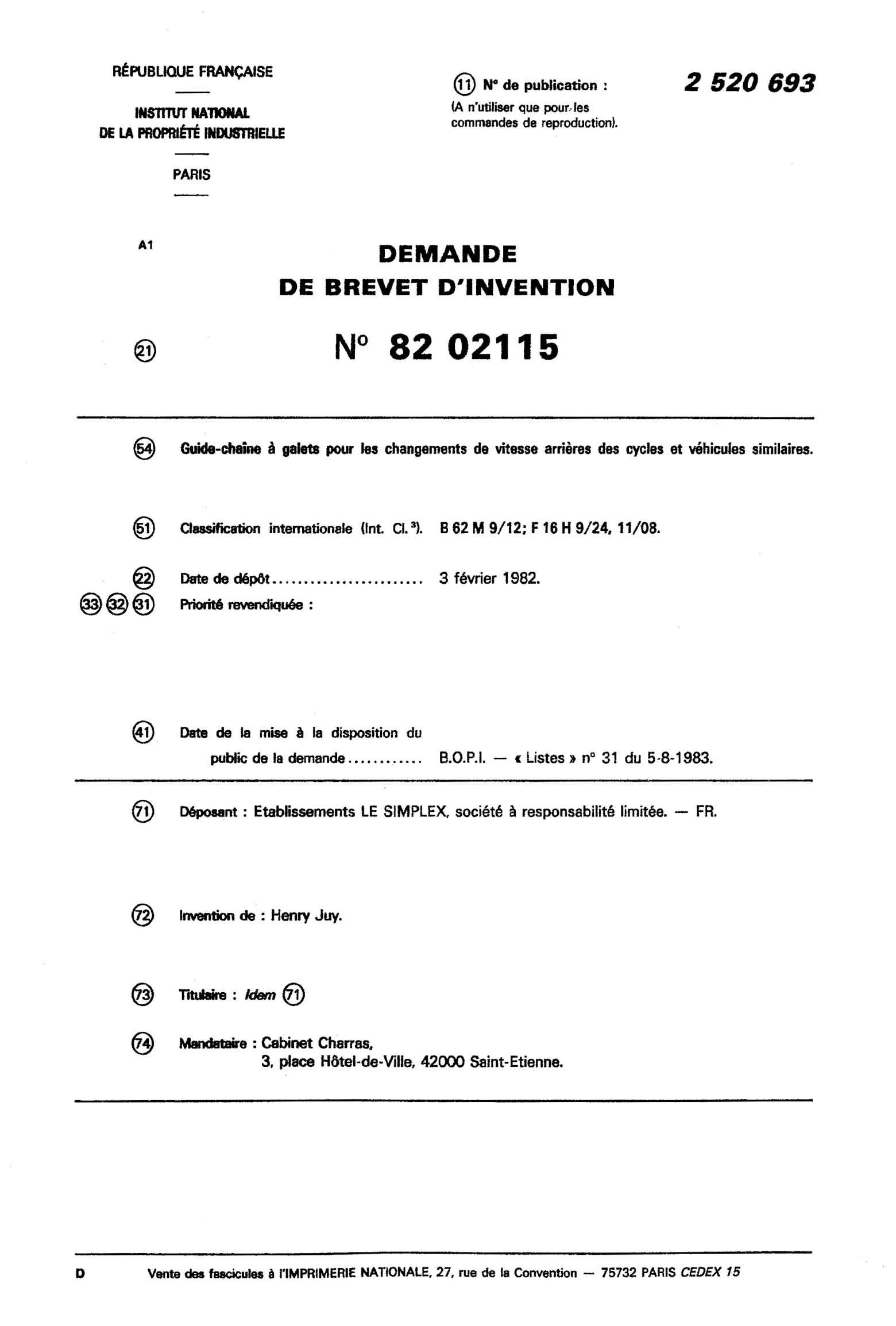 French Patent 2,520,693 - Simplex scan 001 main image