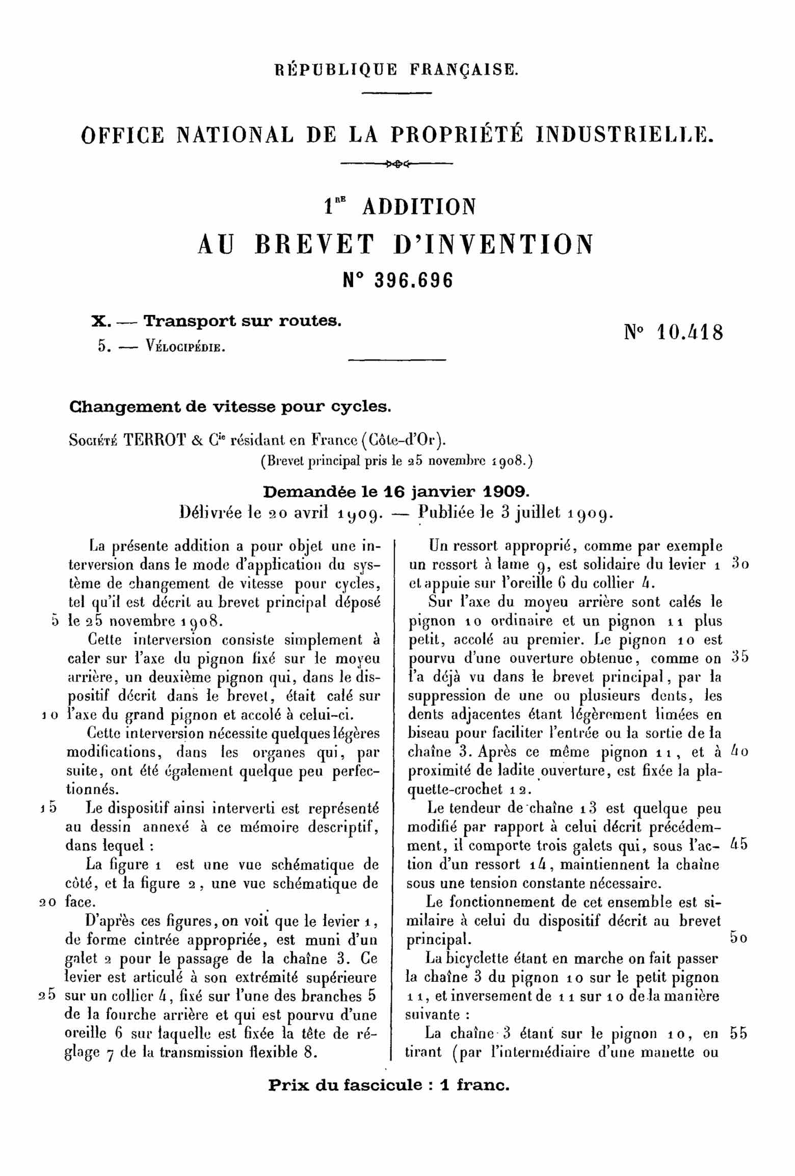 French Patent 396,696 Addition 10,418 - Terrot Numero 1 scan 1 main image