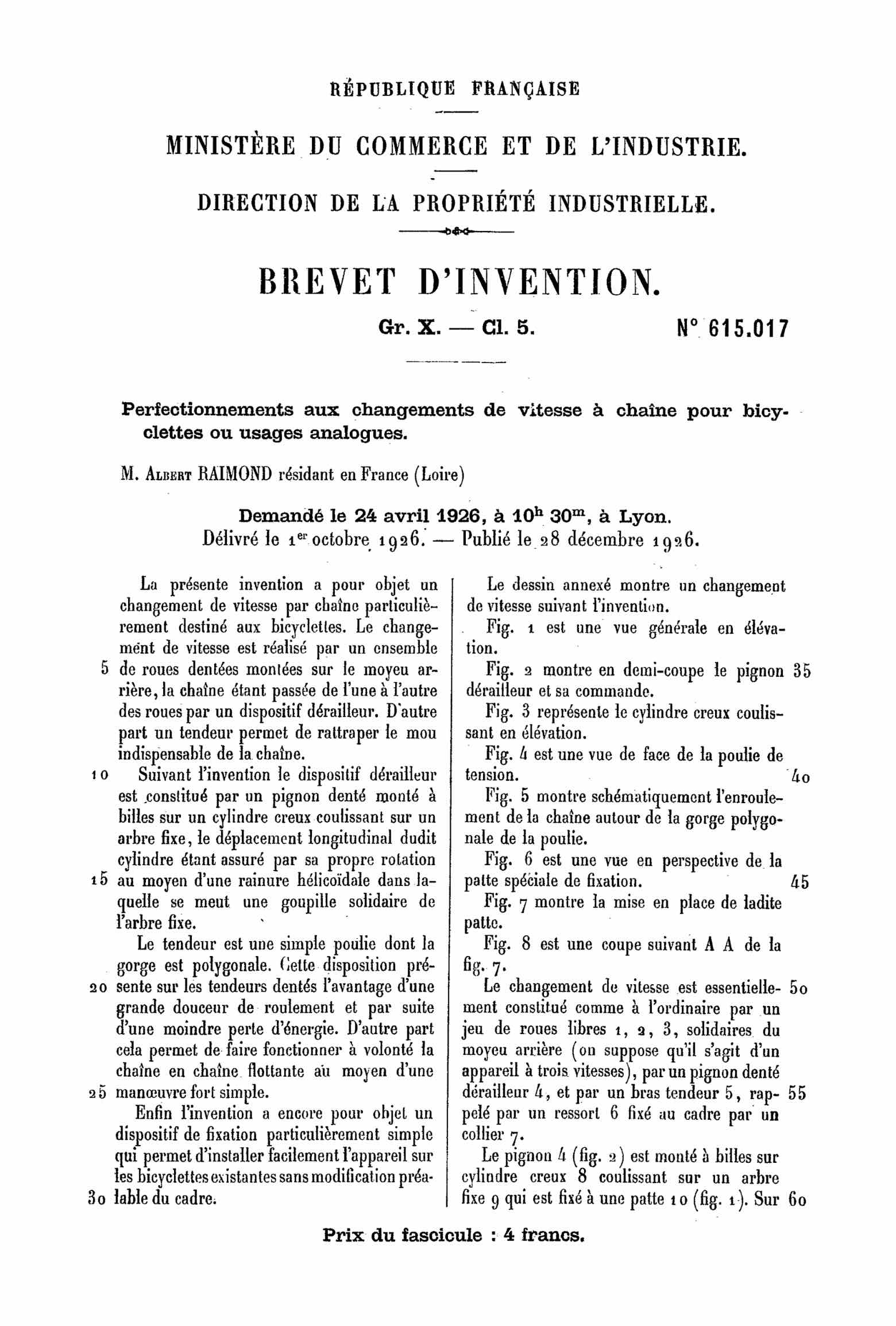 French Patent 615,017 - Le Cyclo scan 1 main image