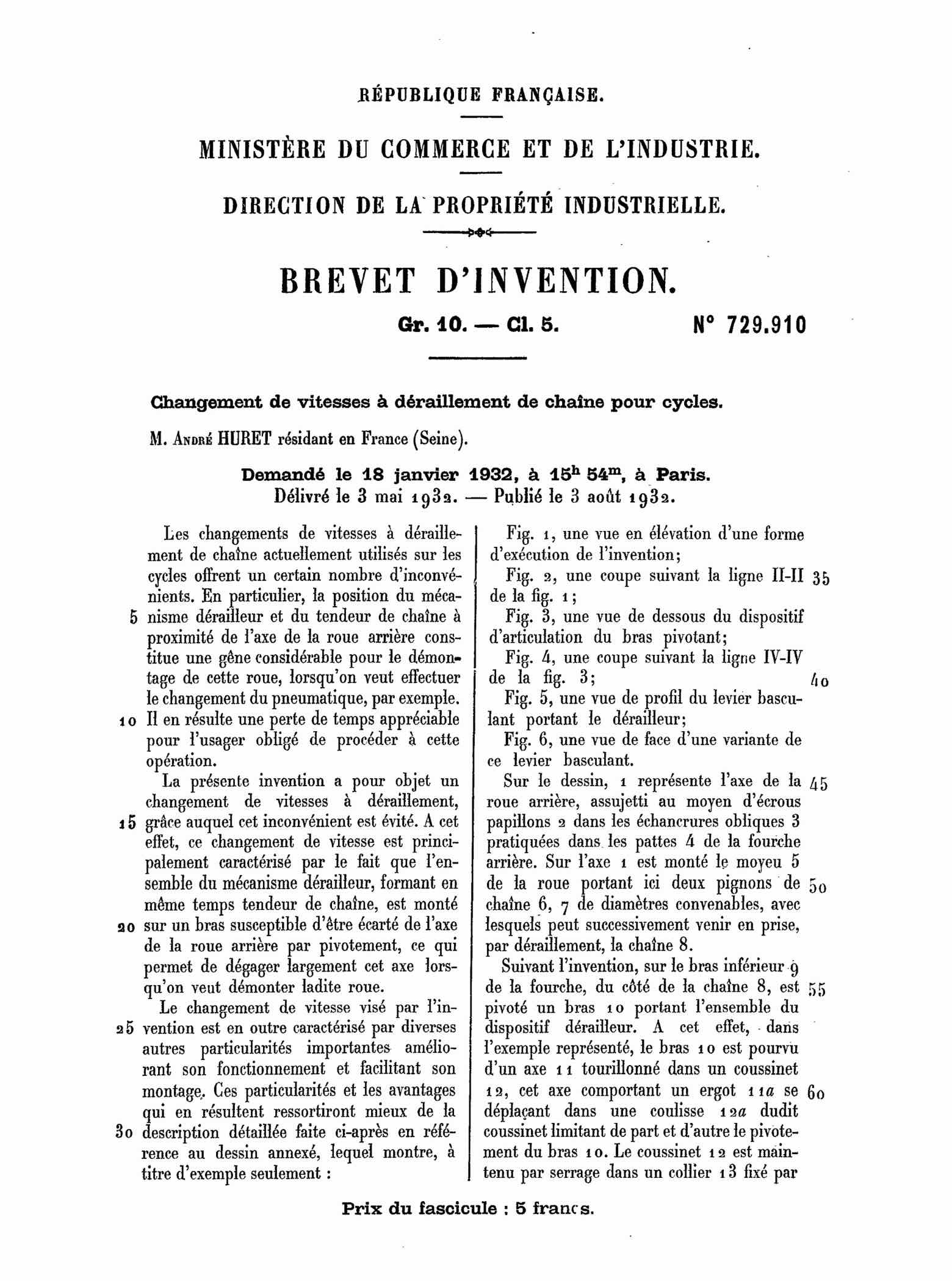 French Patent 729,910 - Huret scan 1 main image