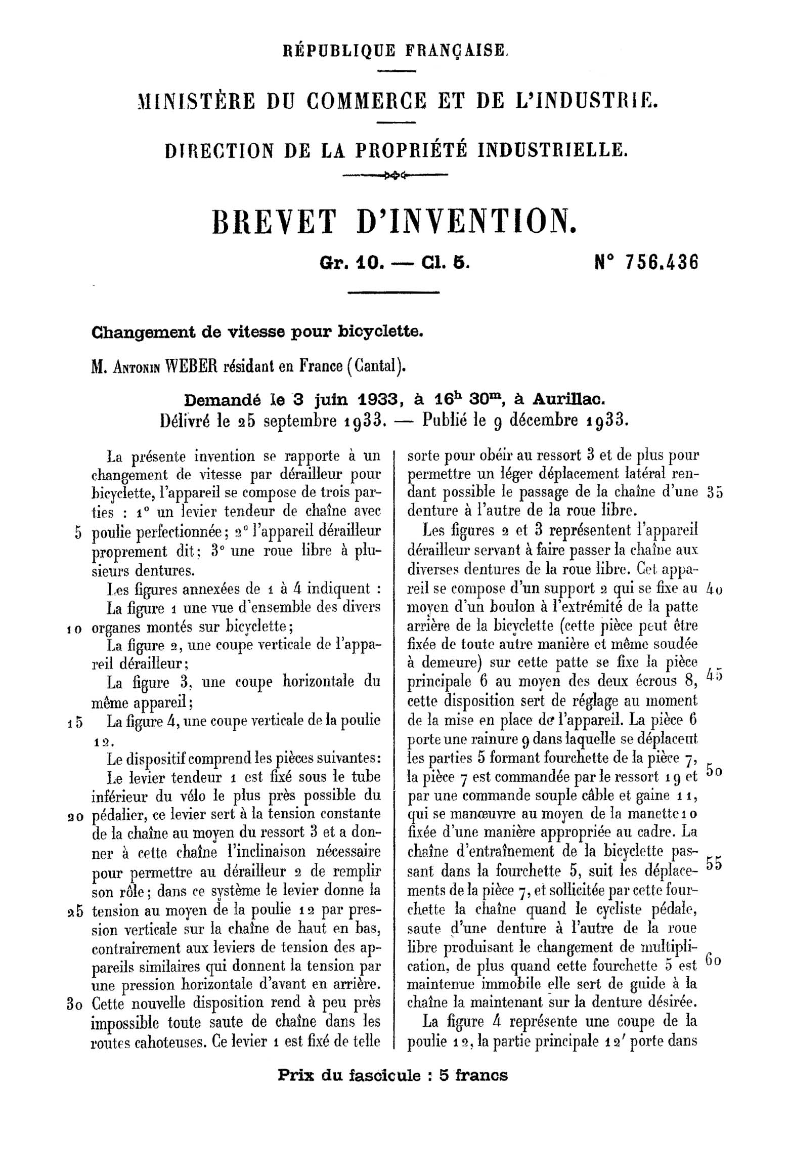 French Patent 756,436 - EWA scan 01 main image