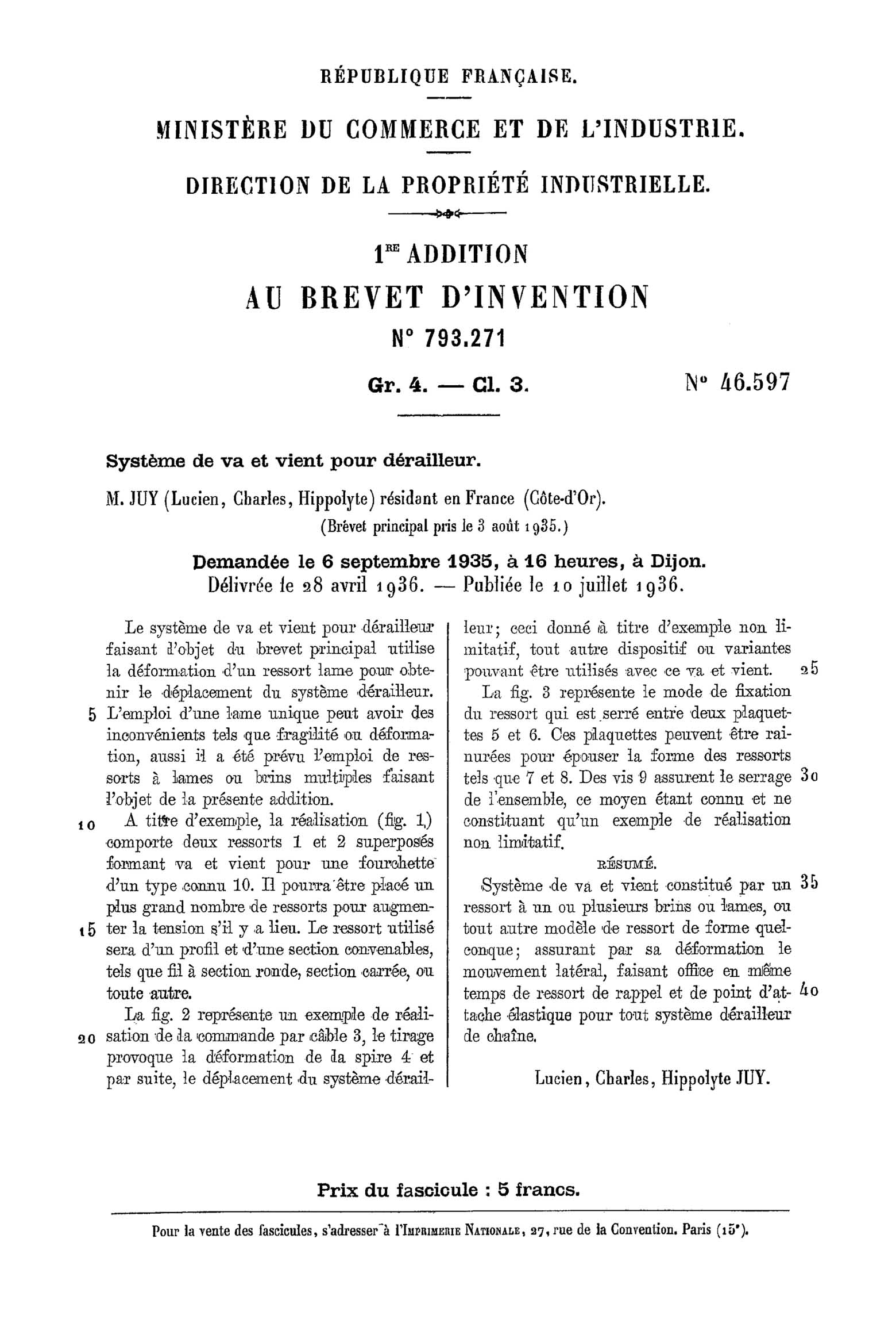 French Patent 793,271 Addition 46,597 - Simplex scan 1 main image