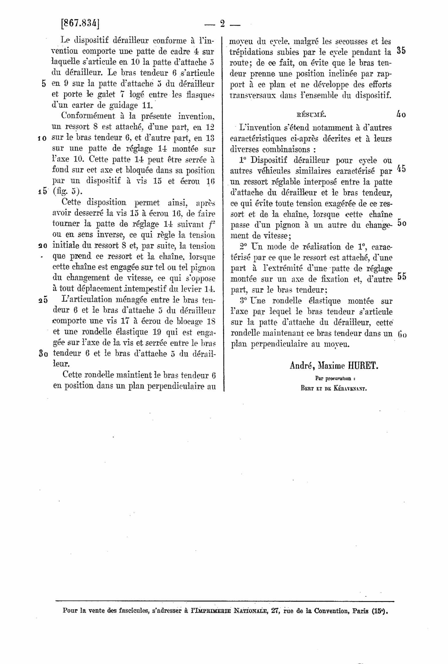 French Patent 867,834 - Huret scan 2 main image