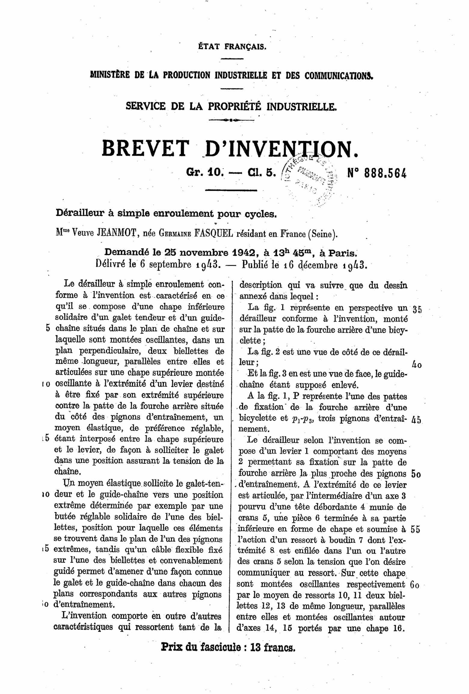 French Patent 888,564 - Super JIC Course scan 1 main image