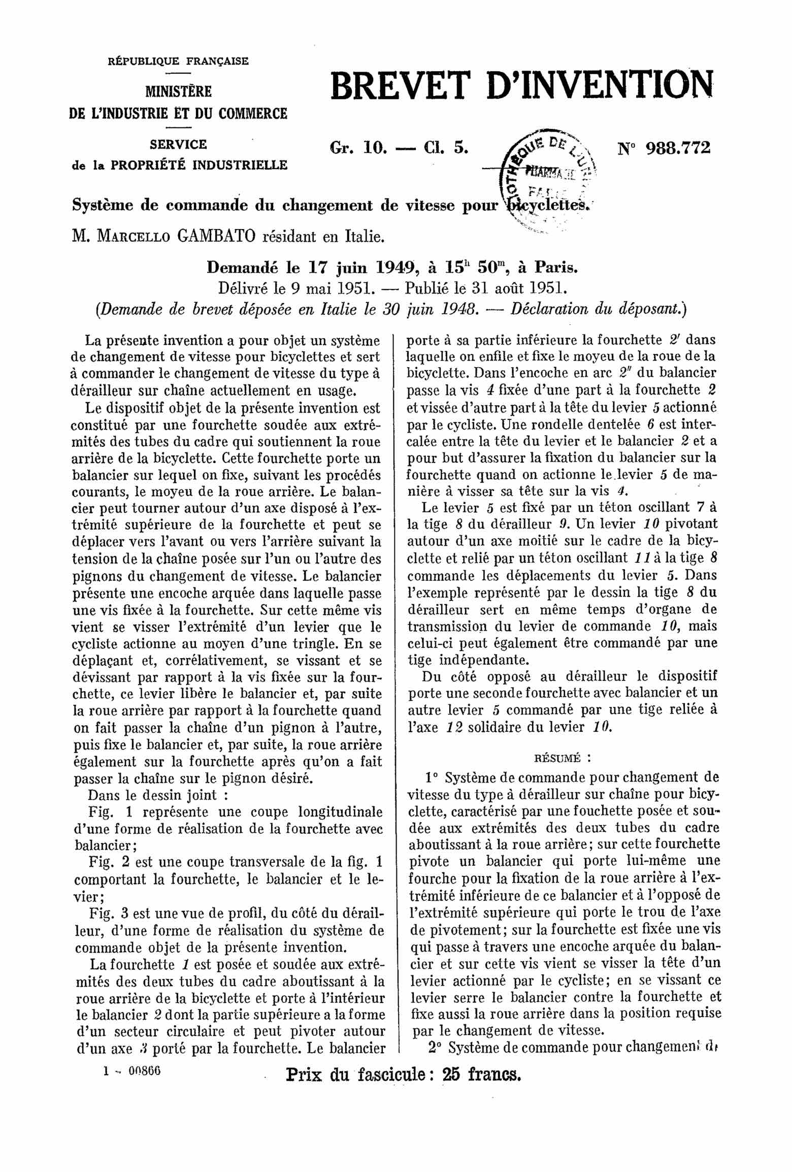 French Patent 988,772 - Gian Robert scan 1 main image