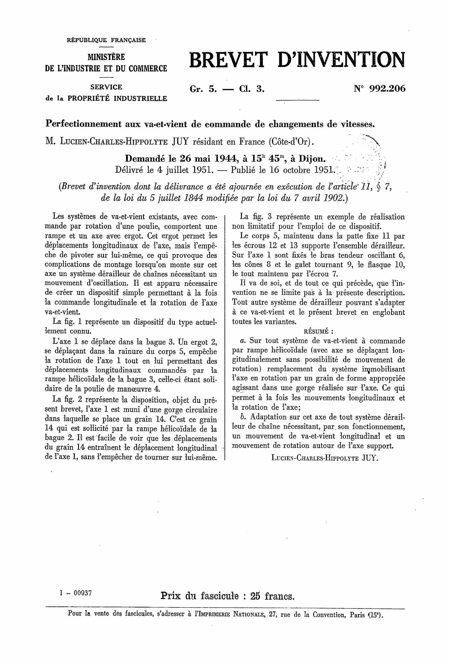 French Patent 992,206 scan 1 - Simplex main image