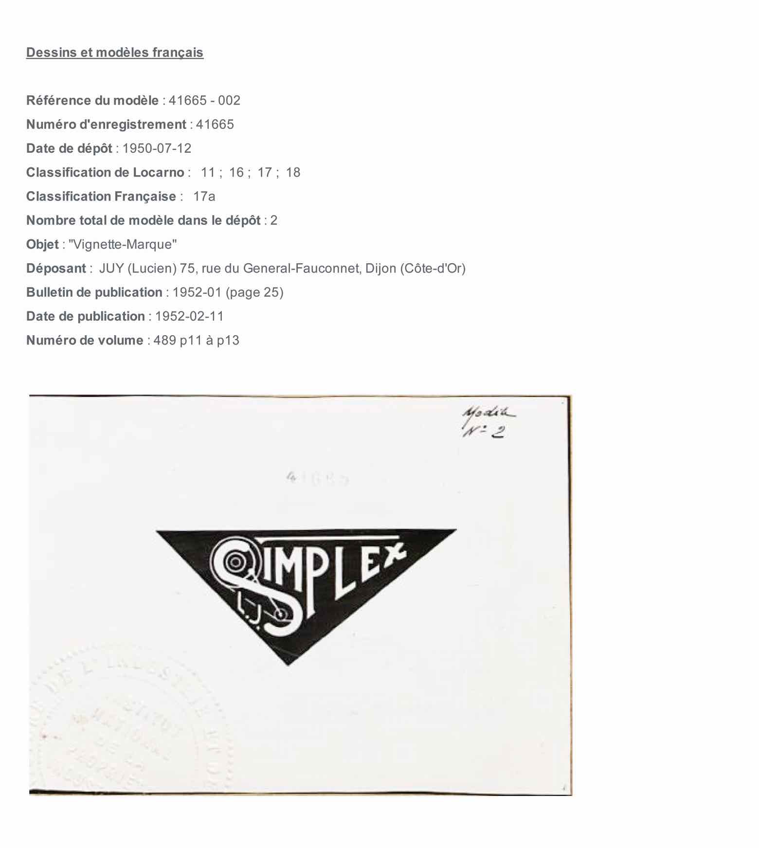 French Registered Design 41665-002 - Simplex main image