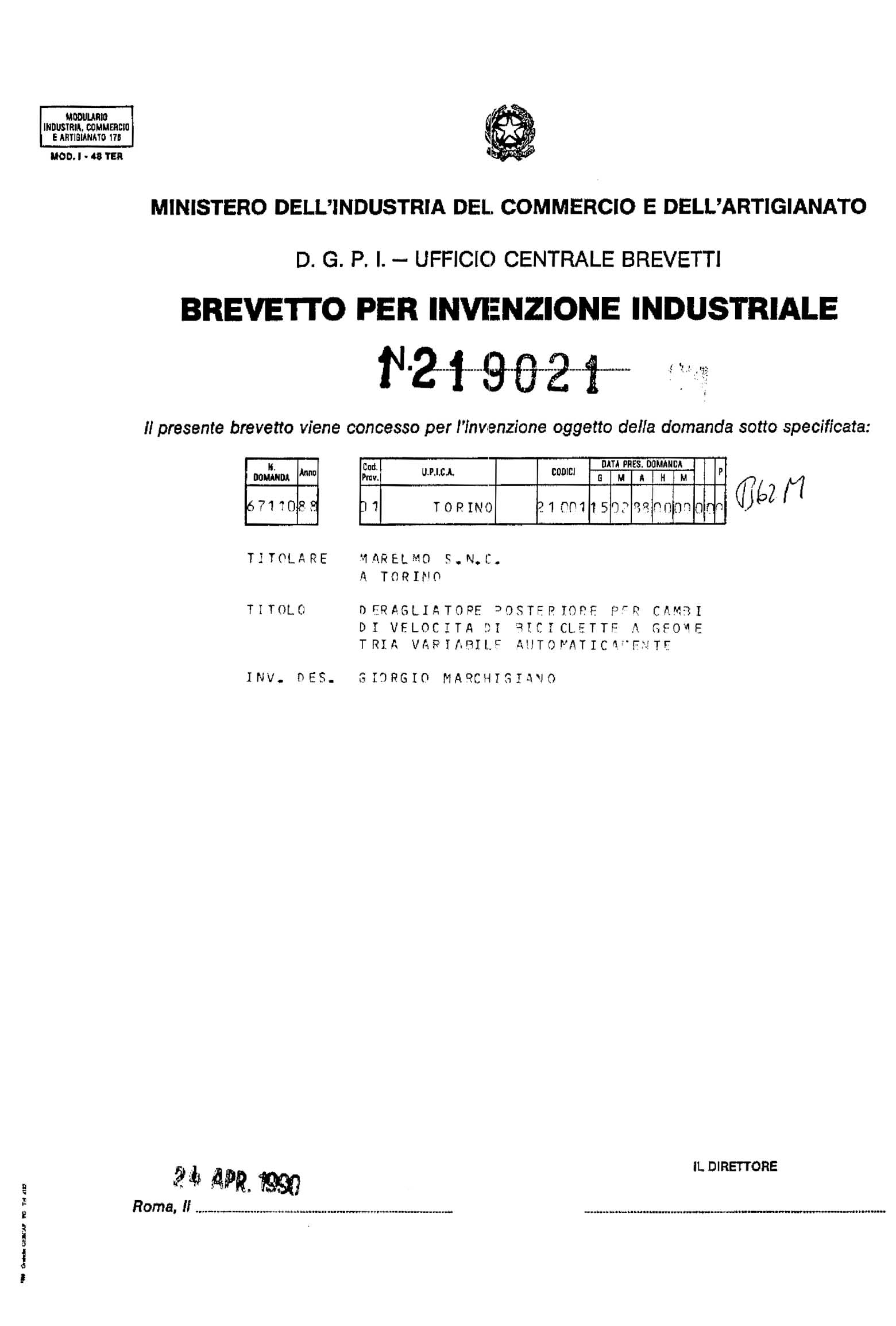Italian Patent 1,219,021 - Marelmo scan 001 main image
