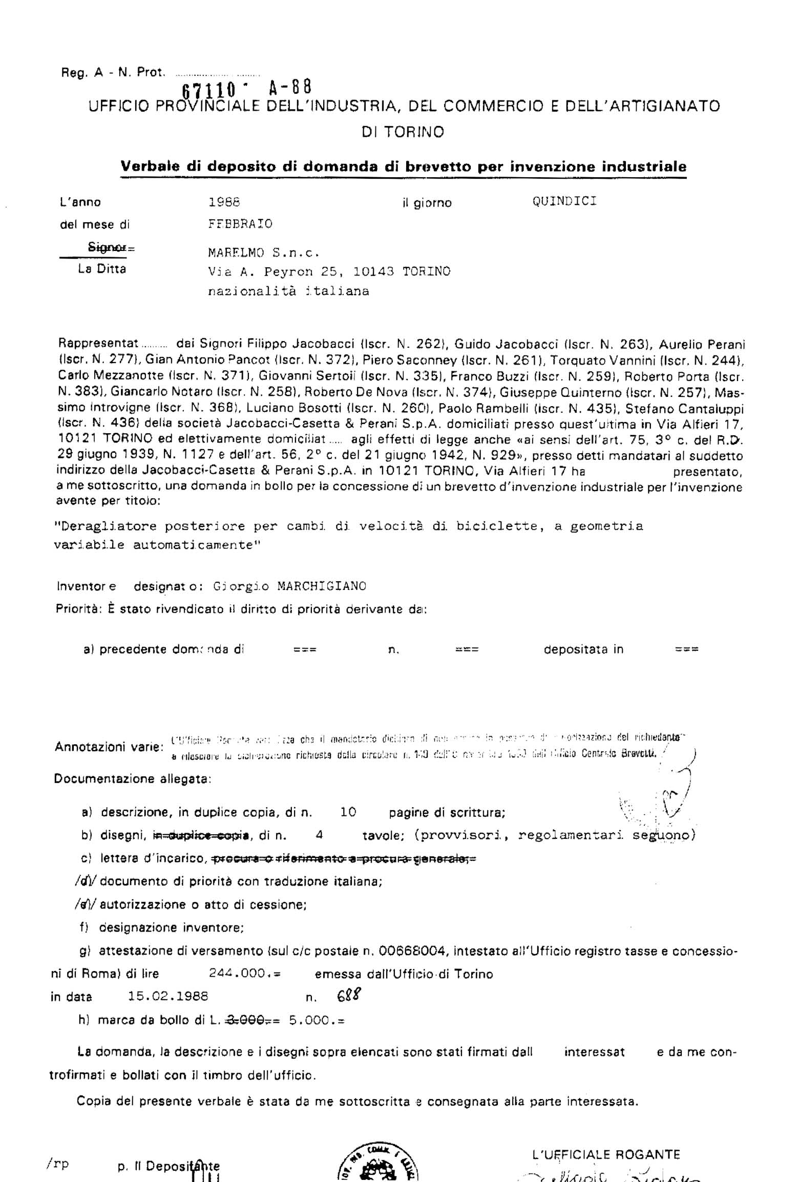 Italian Patent 1,219,021 - Marelmo scan 002 main image