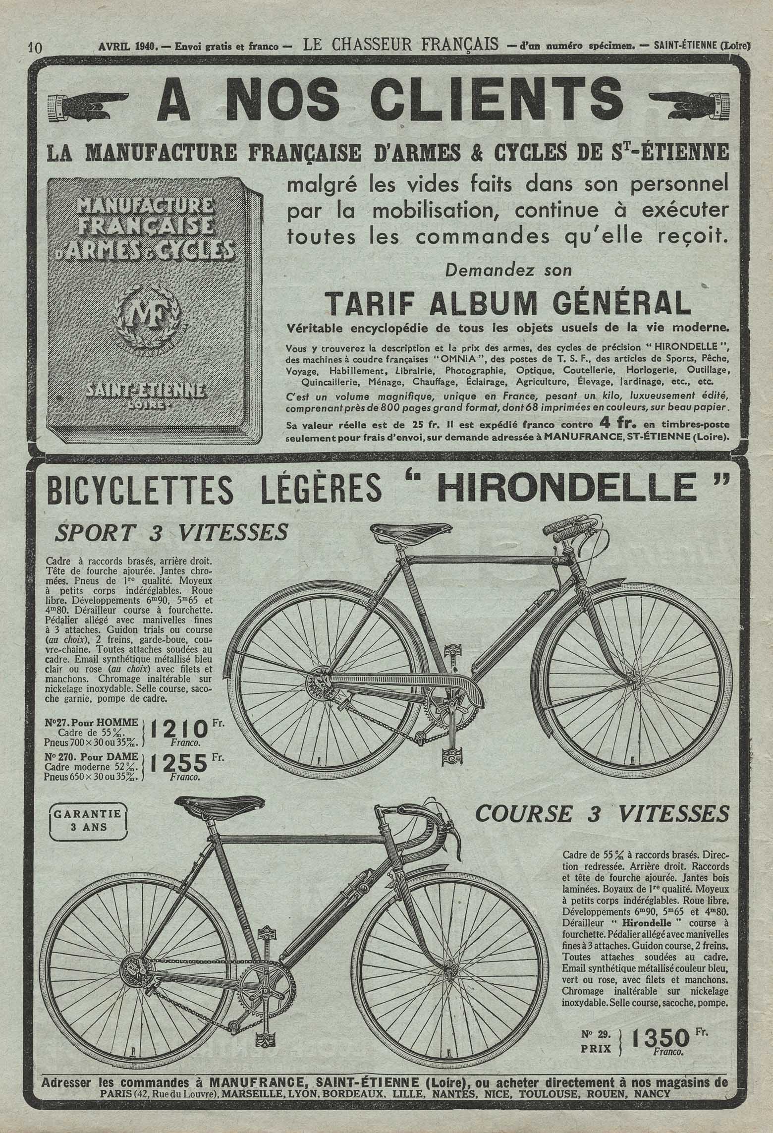 Le Chasseur Francais April 1940 Hirondelle advert main image