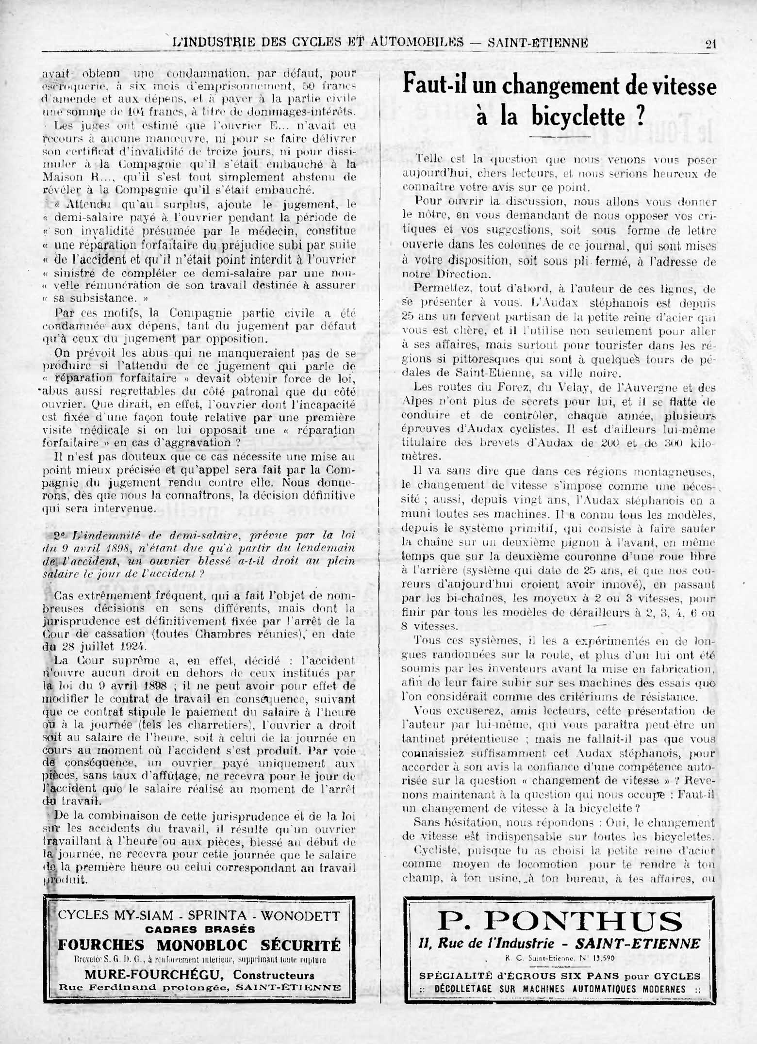L'Industrie des Cycles et Automobiles July 1925 - Faut-il un changement de vitesse scan 1 main image