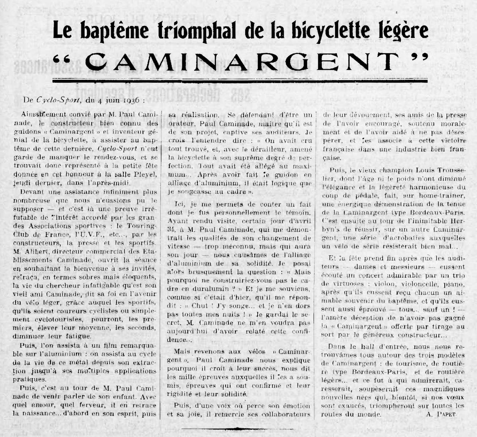 L'Industrie des Cycles et Automobiles July 1936 - La bapteme triomphal main image