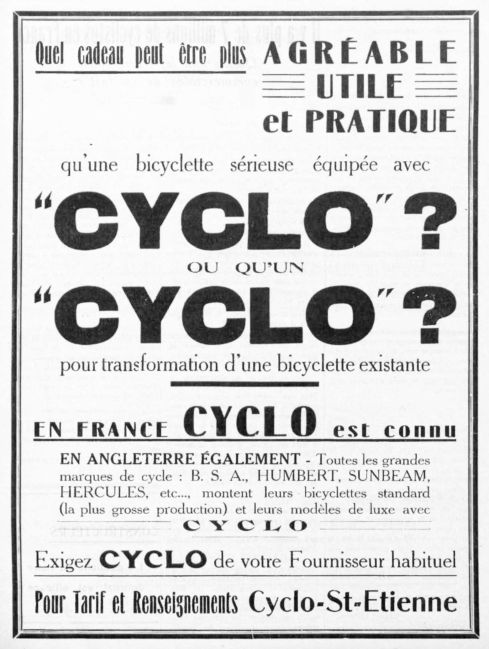 L'Industrie des Cycles et Automobiles November 1936 - Cyclo advert main image