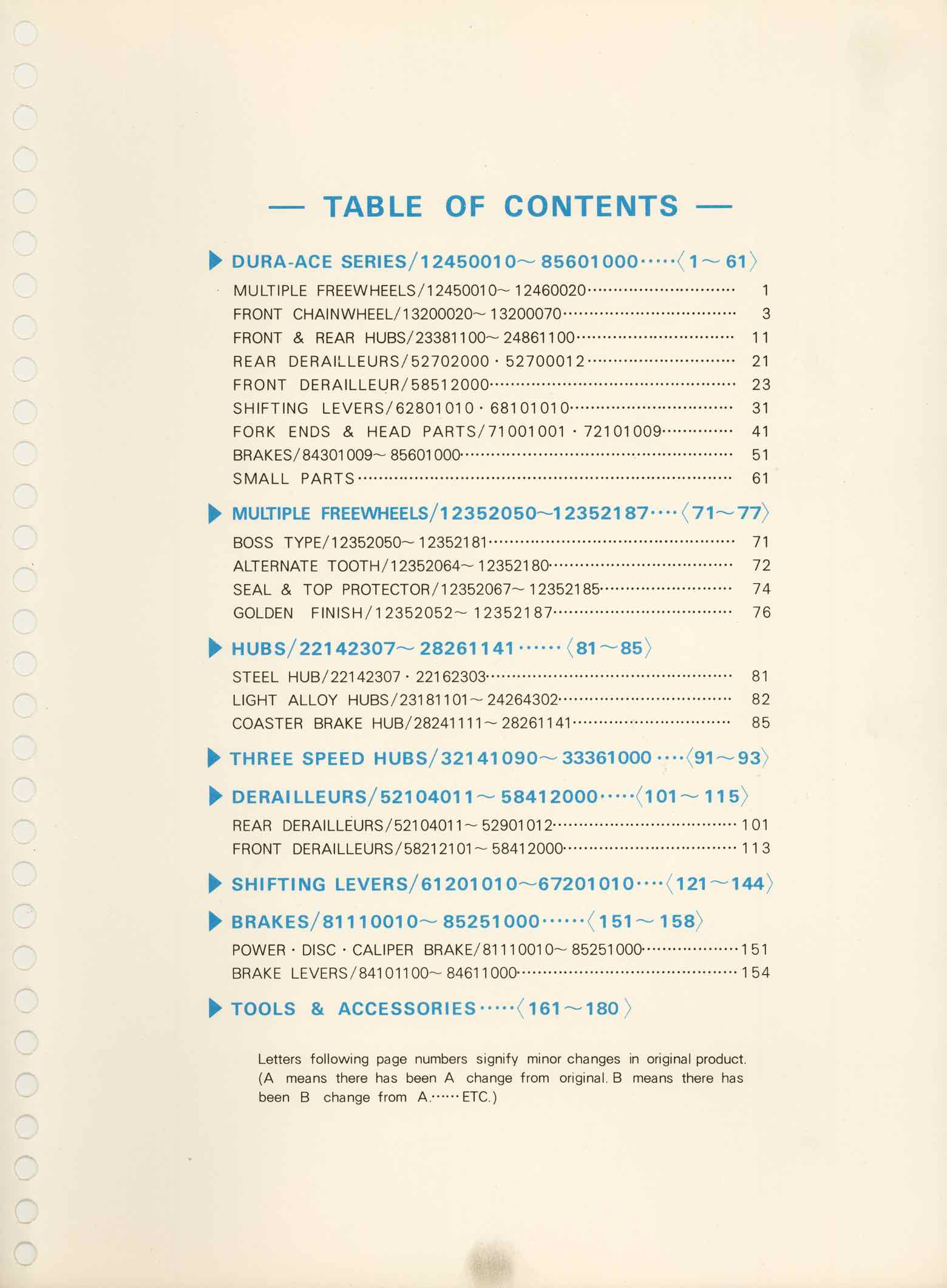 Shimano Bicycle Parts Catalog - 1973 table of contents main image