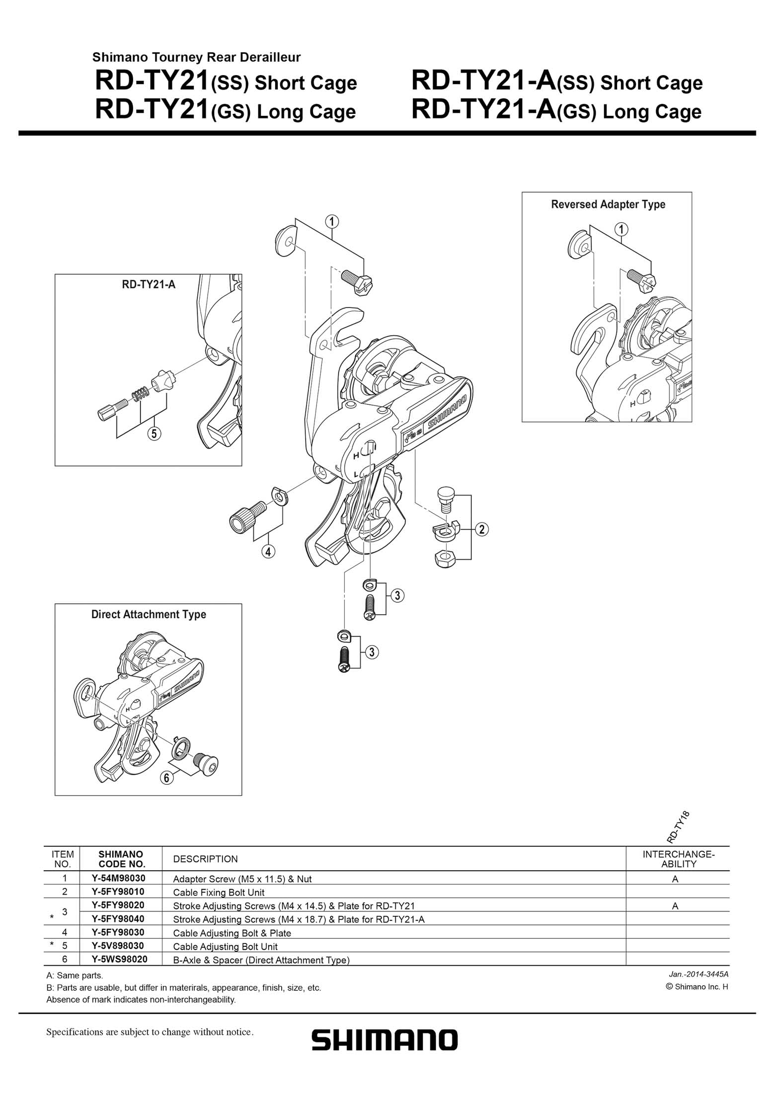 Shimano web site 2020 - exploded views from 2014 Tourney (TY21 series) main image