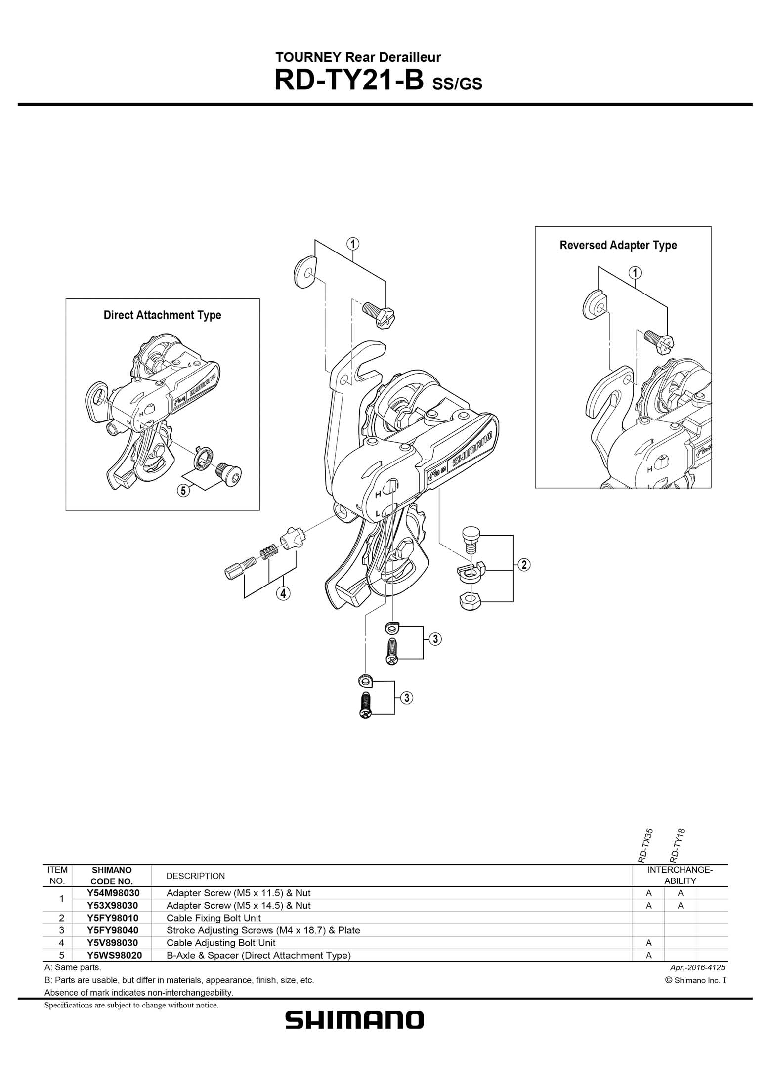 Shimano web site 2020 - exploded views from 2016 Tourney (TX21-B series) main image