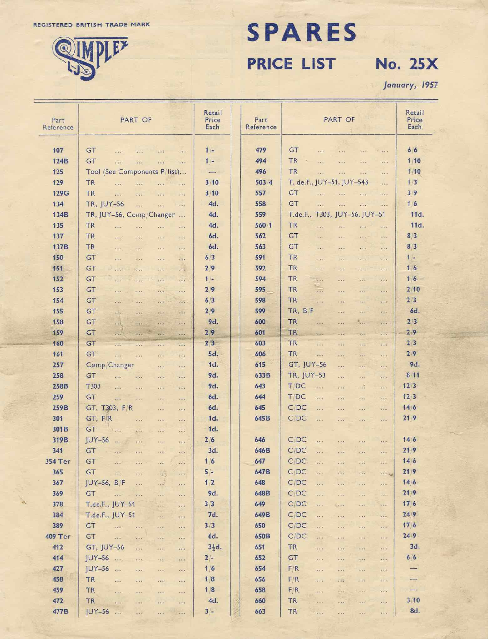 Simplex - Spares Price List No. 25X scan 1 main image