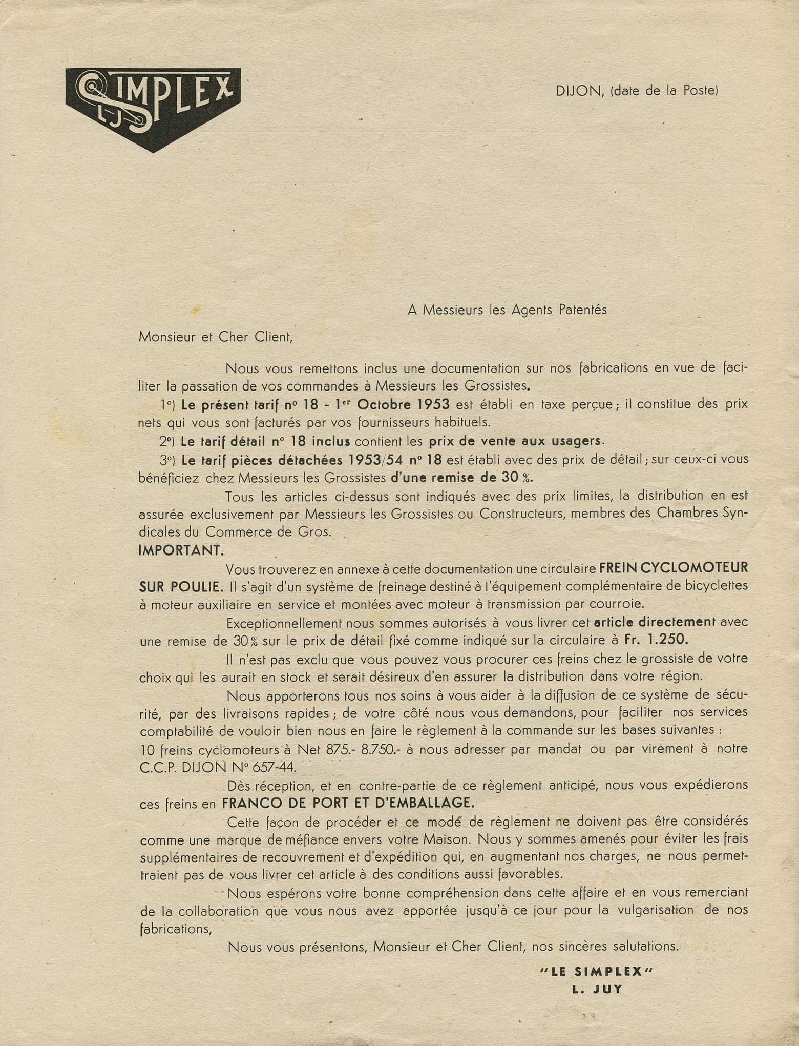 Simplex - Tarif No 18 Prix d'Argent 1953 scan 1 main image