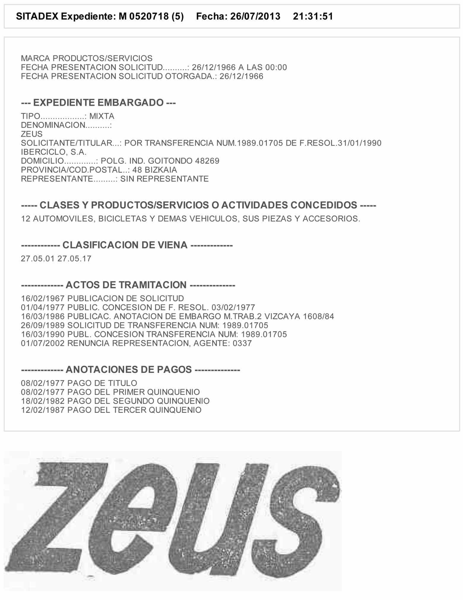 Spanish Trademark 520,718 - Zeus main image