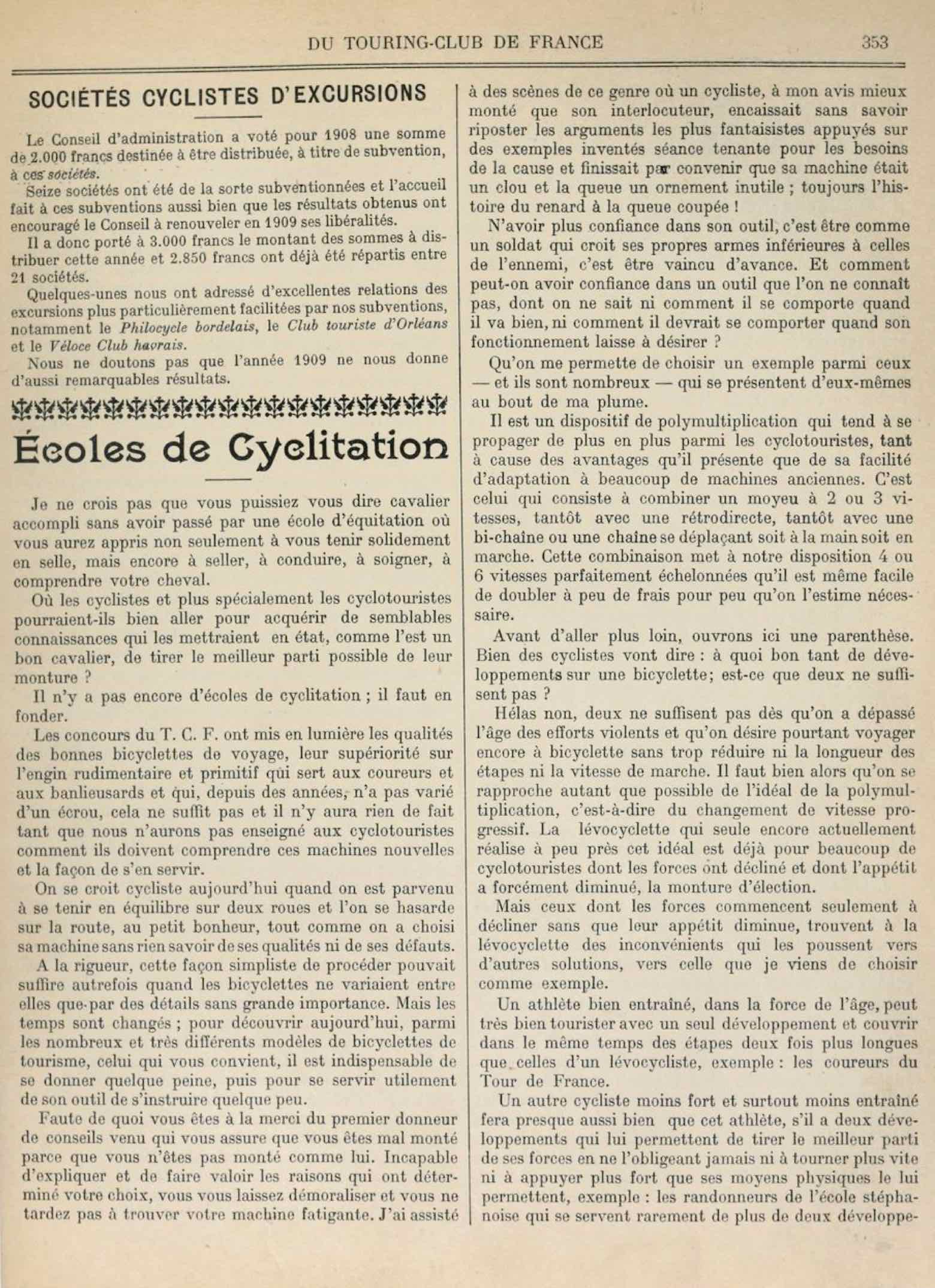T.C.F. Revue Mensuelle August 1909 - Ecoles de Cyclitation scan 1 main image