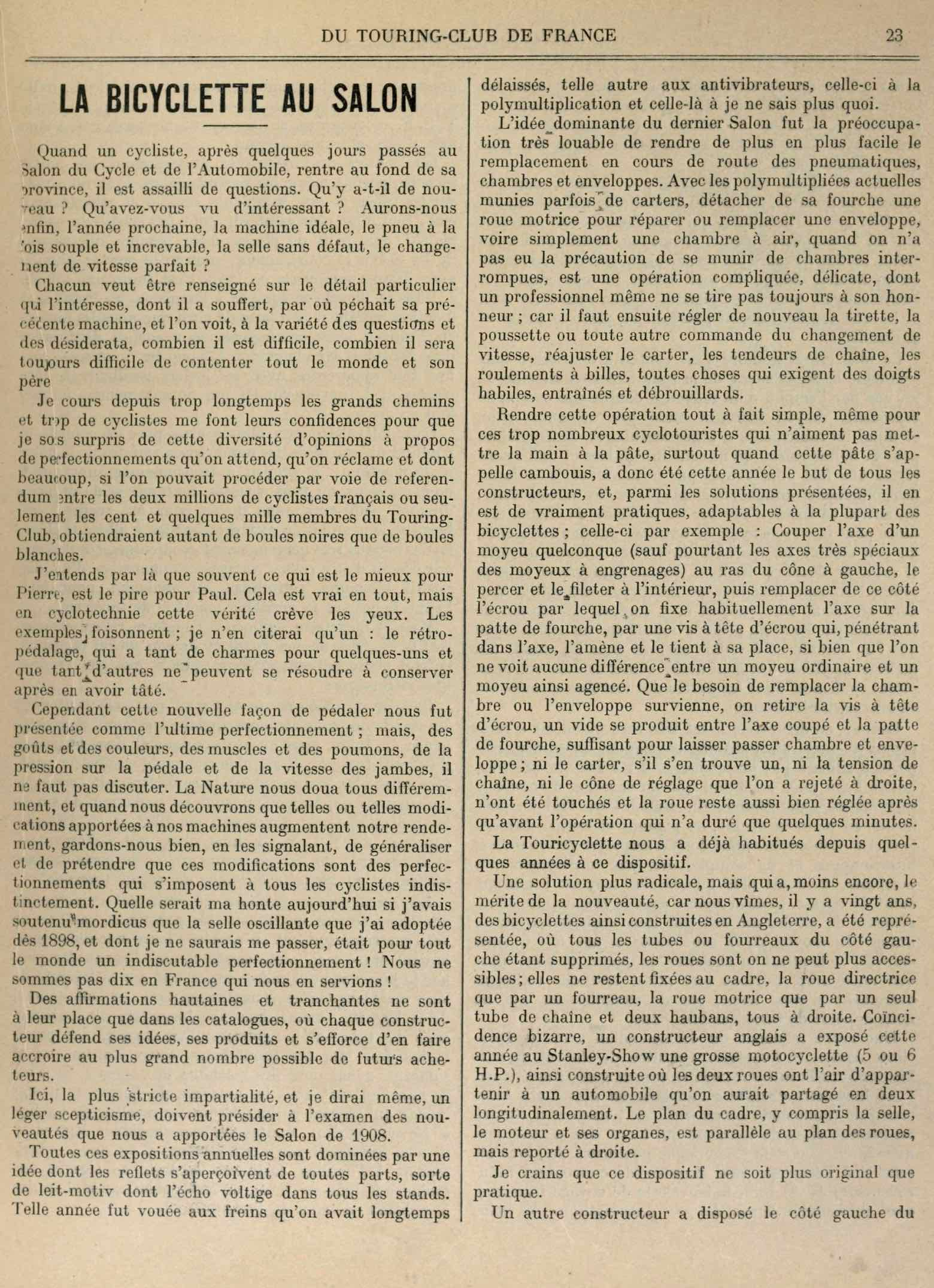 T.C.F. Revue Mensuelle January 1909 - La Bicyclette au Salon (part I) scan 1 main image