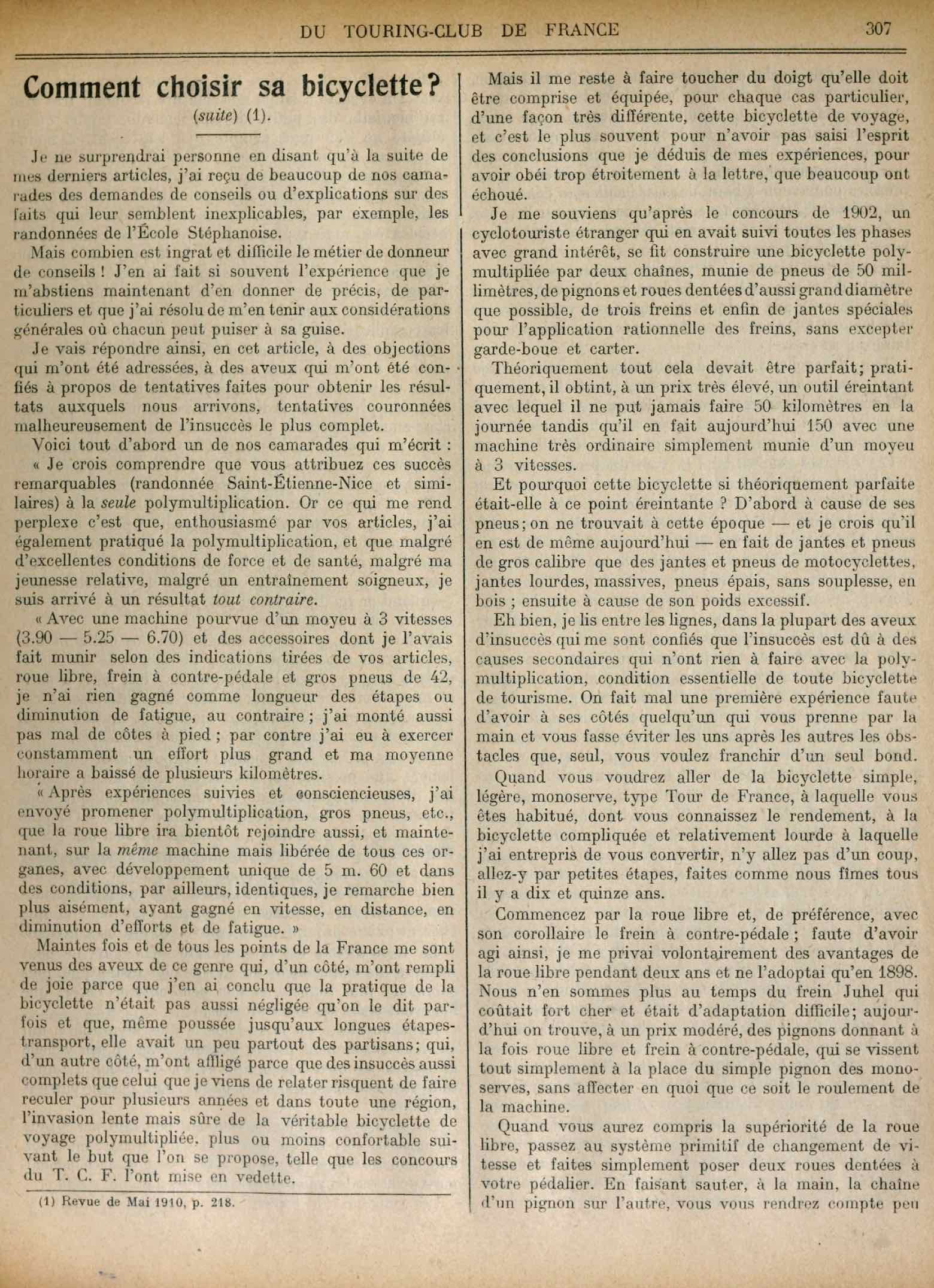 T.C.F. Revue Mensuelle July 1910 - Comment choisir sa bicyclette? (part V) scan 1 main image