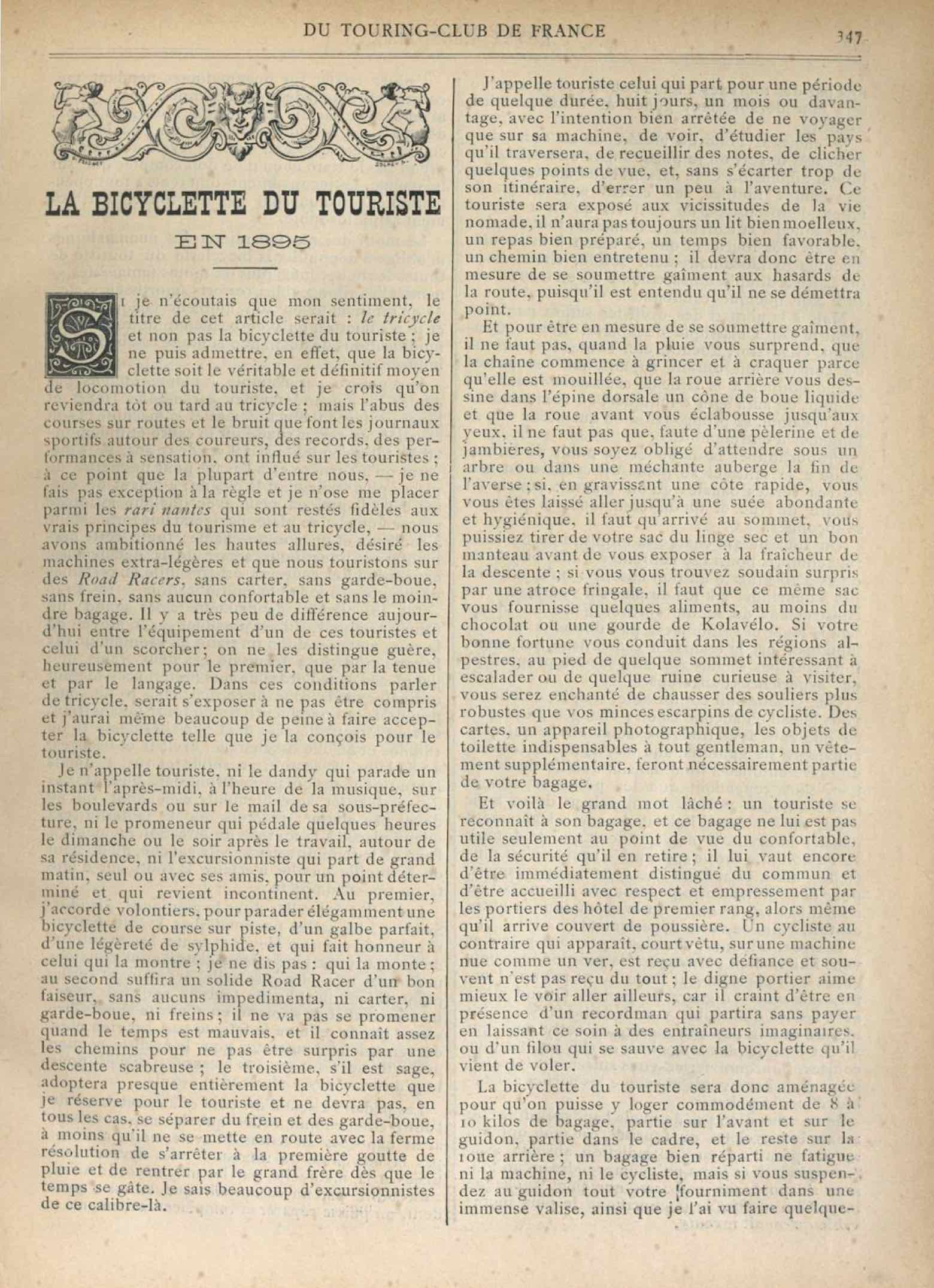 T.C.F. Revue Mensuelle March 1895 - La Bicyclette du Touriste scan 1 main image