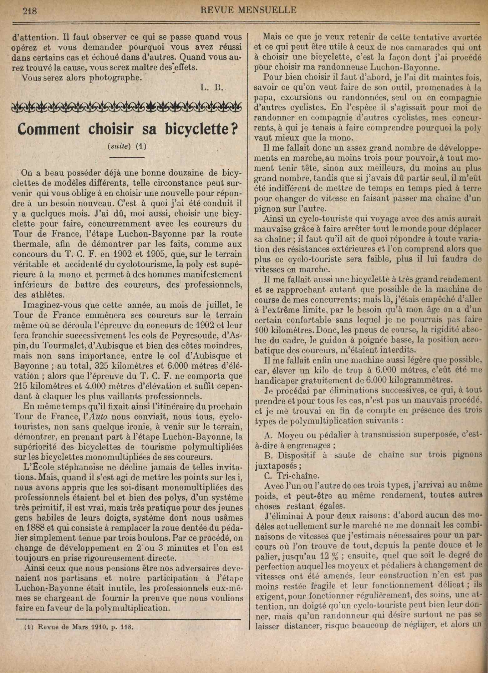T.C.F. Revue Mensuelle May 1910 - Comment choisir sa bicyclette? (part IV) scan 1 main image