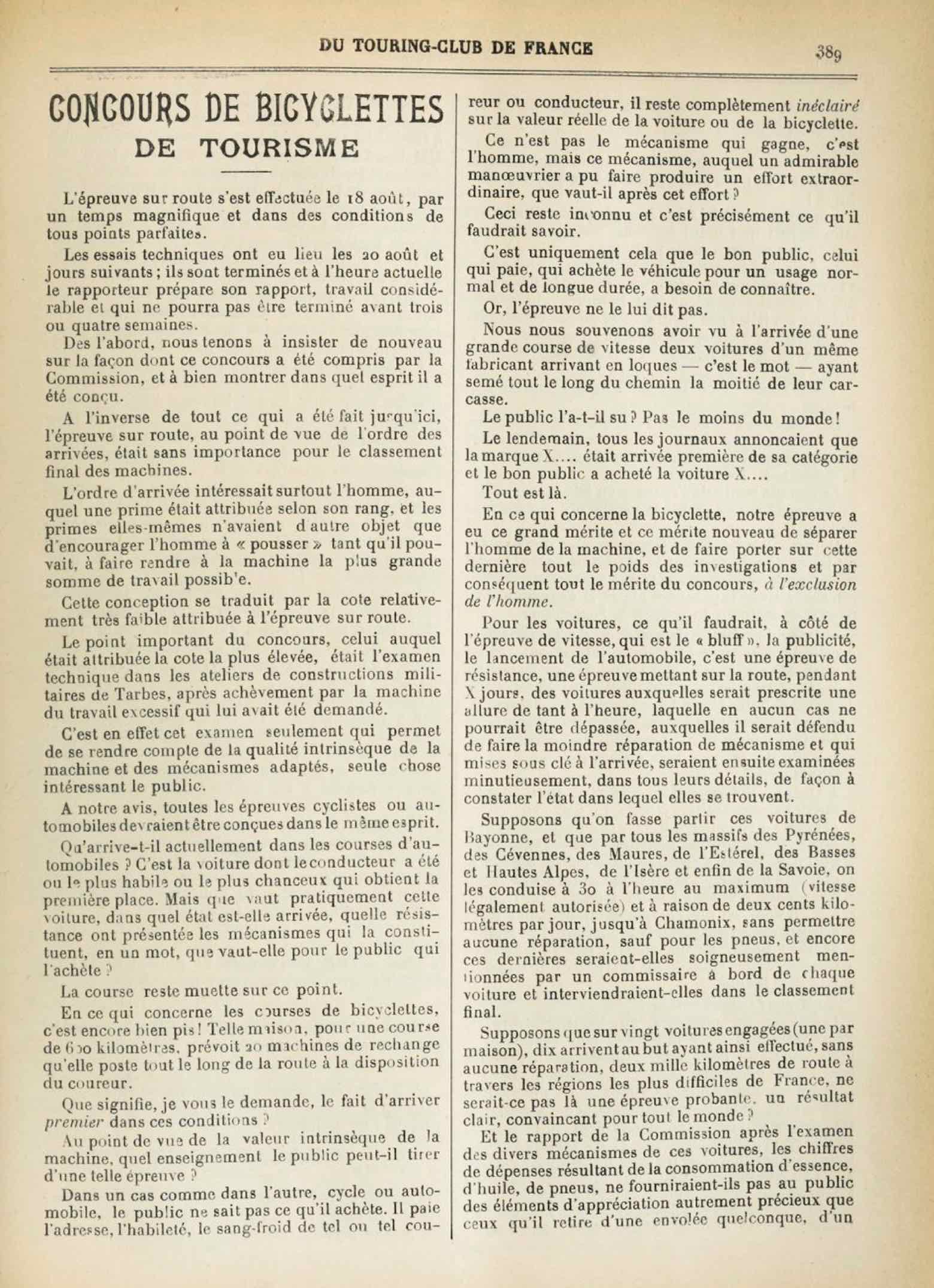 T.C.F. Revue Mensuelle September 1902 - Concours de Bicyclettes de Tourisme (part III) scan 1 main image
