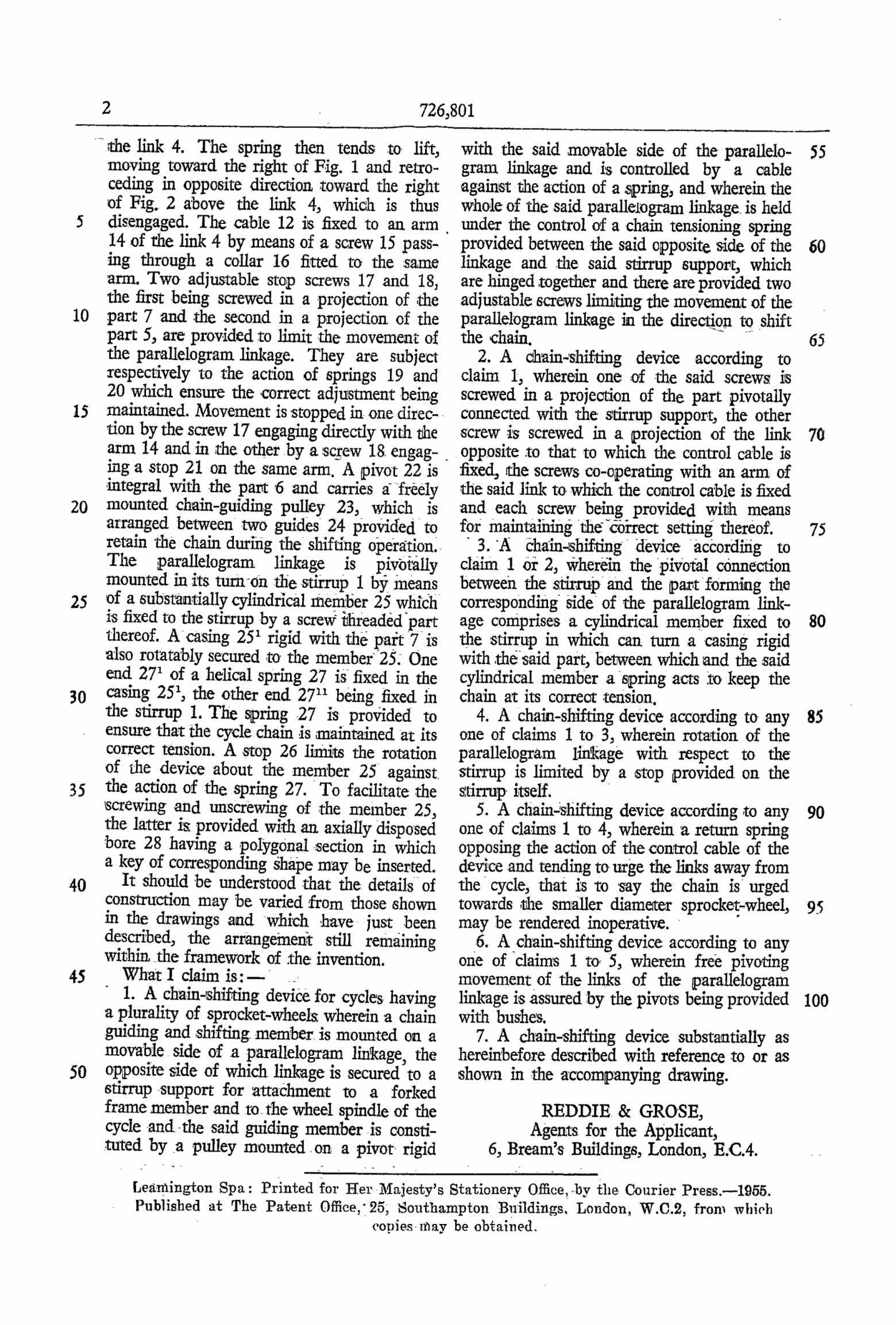 UK Patent 726,801 - Campagnolo scan 2 main image