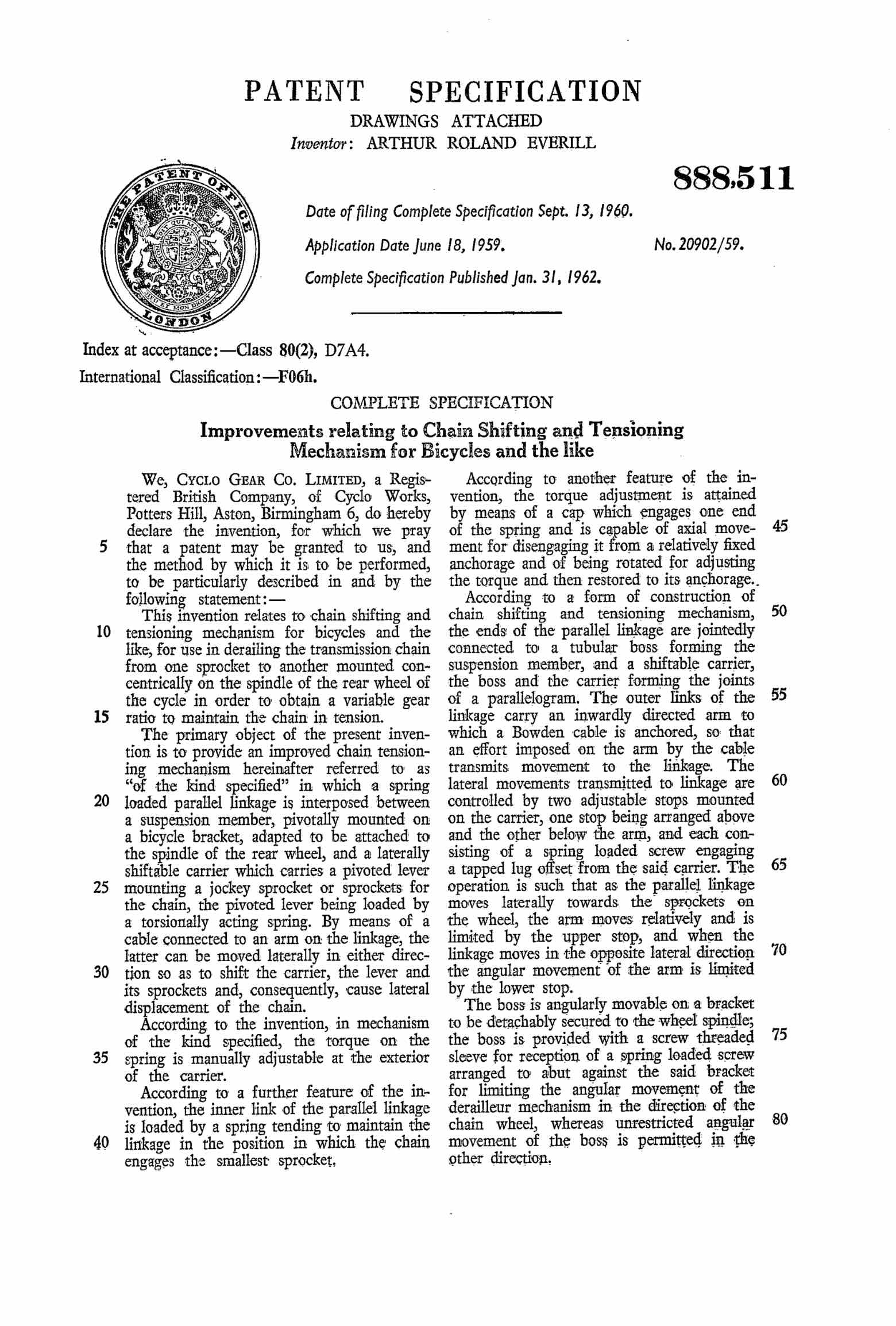 UK Patent 888,511 - Cyclo Super 60 scan 1 main image