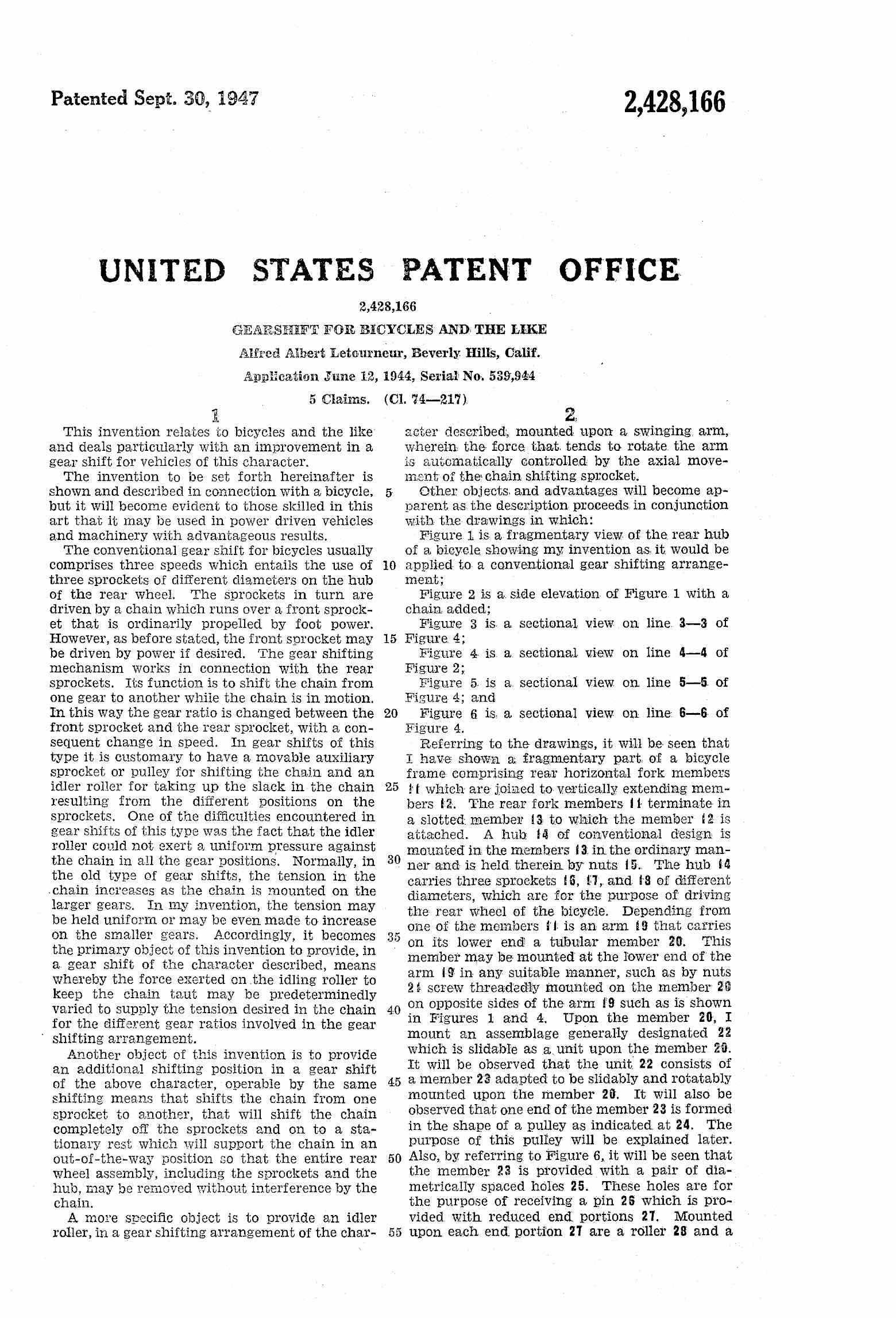 US Patent 2,428,166 - Alfred Letourneur scan 1 main image