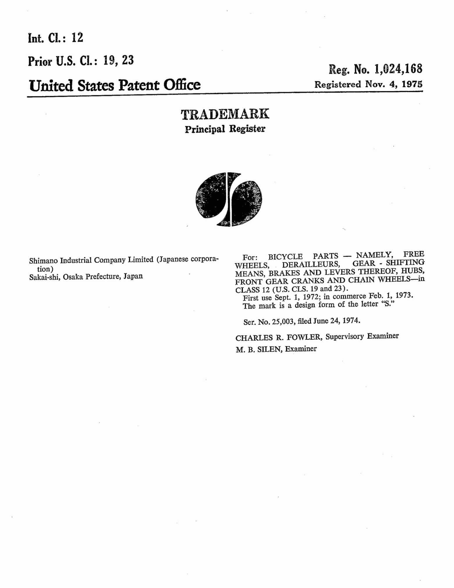 US Trademark 1,024,168 - Shimano main image
