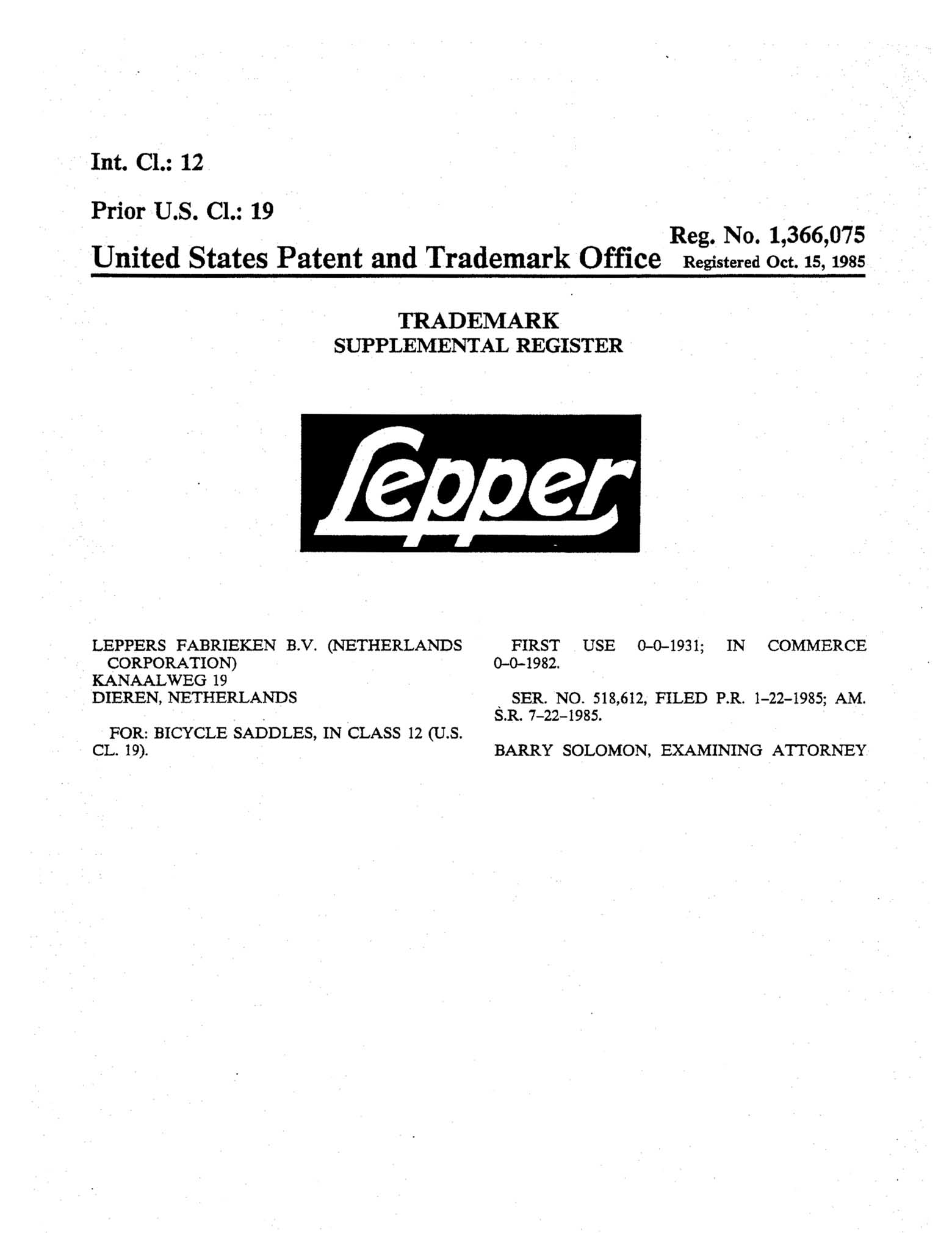 US Trademark 1,366,075 - Lepper main image