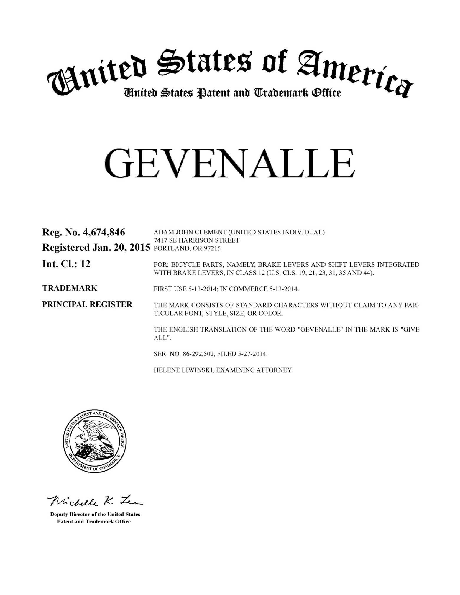 US Trademark 4,674,846 - Gevenalle main image