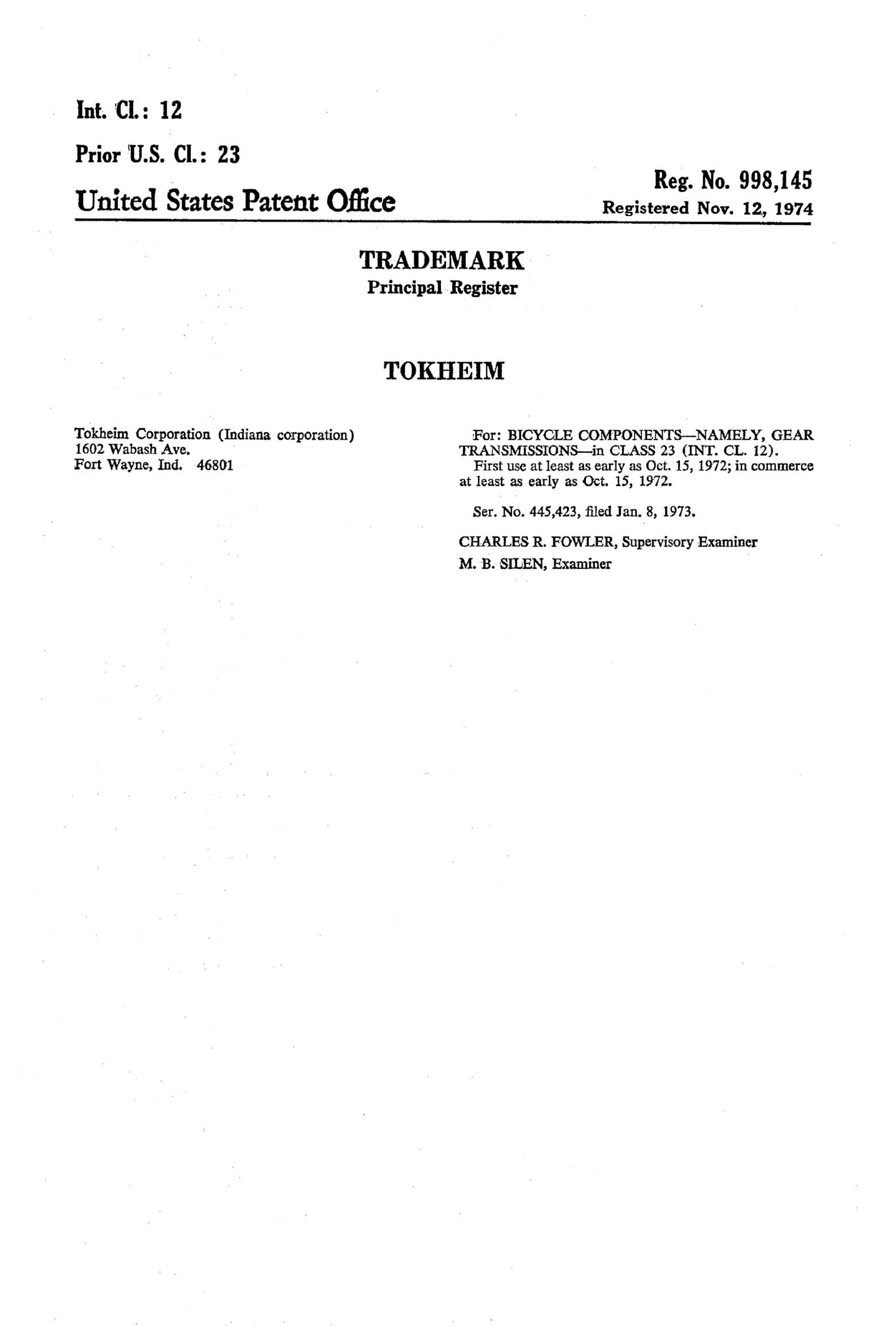 US Trademark 998,145 - Tokheim main image